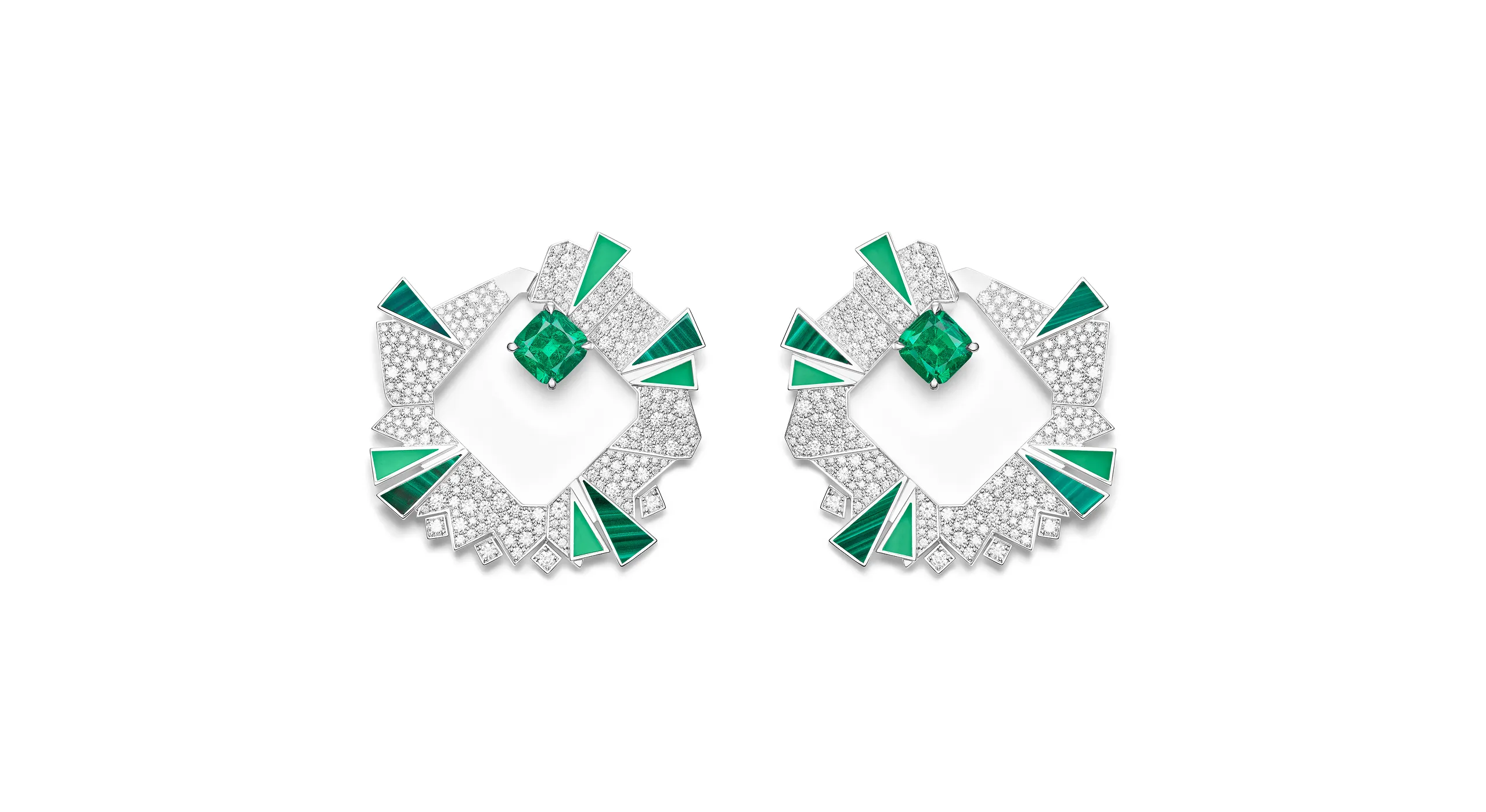 Like the graphic "pow!" in a Roy Lichtenstein painting, the hoop earrings in the Arty Pop suite go full 1970s, their jagged outlines set with cushion cut Colombian emeralds, diamonds and triangles of malachite and chrysoprase