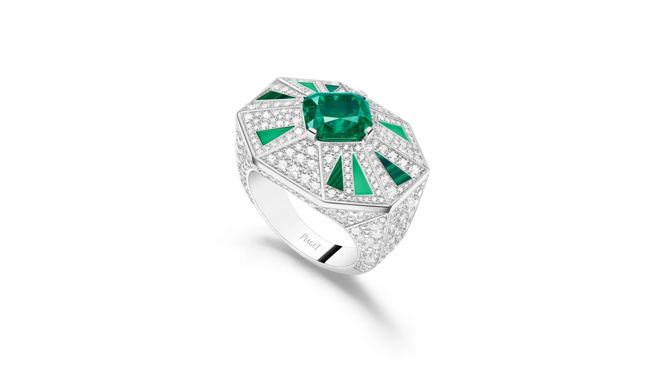 Arty Pop high jewellery ring, set with a 2.65 carat cushion cut Colombian emerald, diamonds, chrysoprase and malachite in 18K white gold