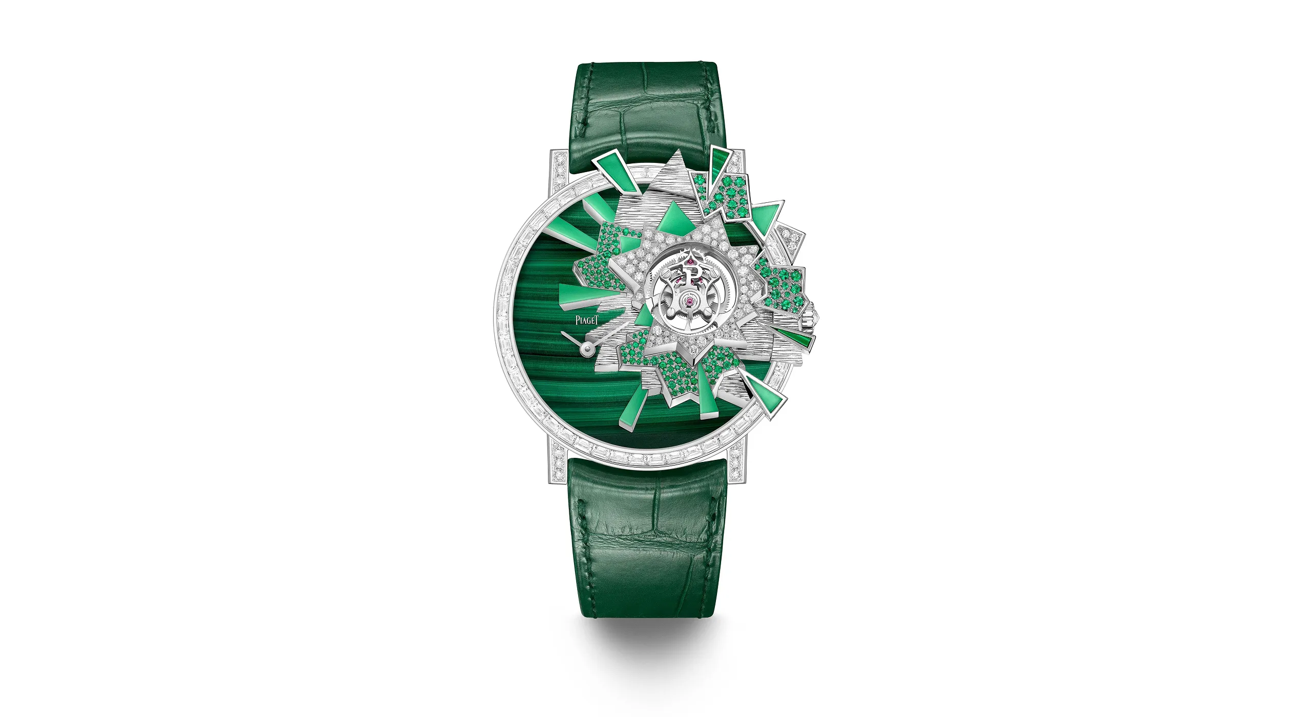 The spirit of Arty Pop reaches its peak in the high jewellery timepiece, with an explosive three-dimensional burst of emeralds, chrysoprase and malachite at 8 o'clock