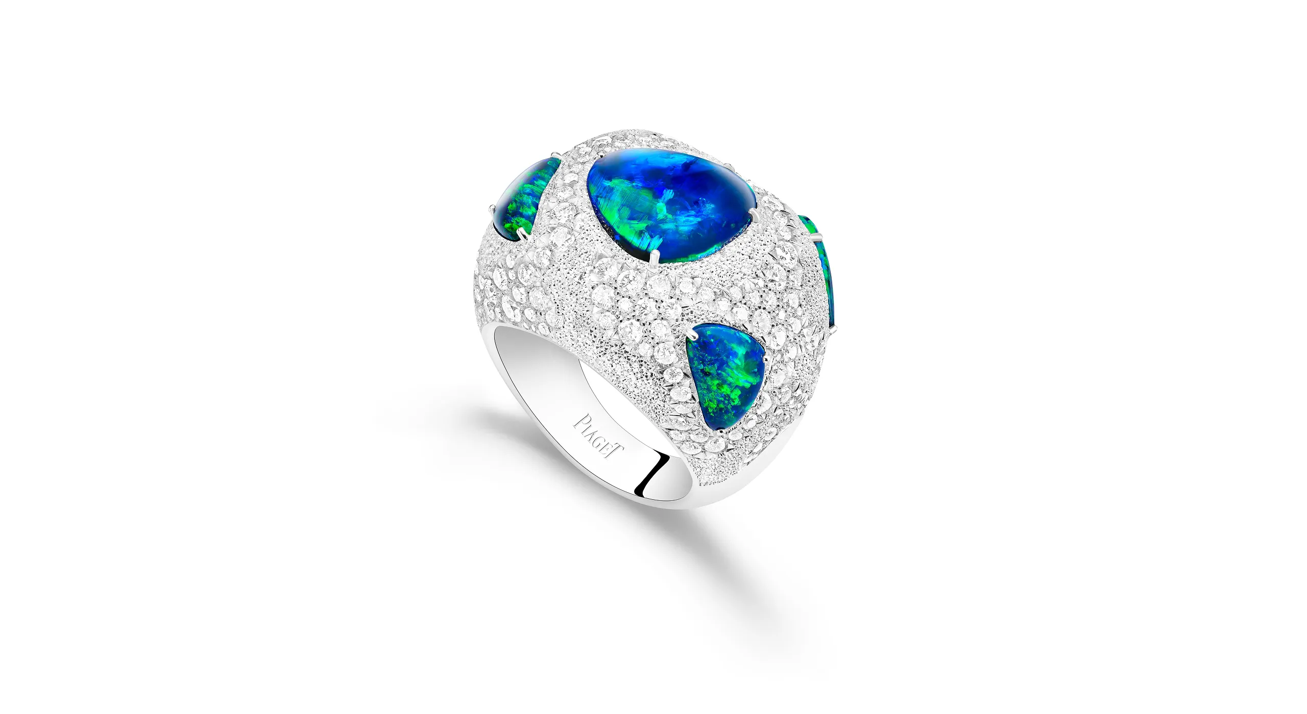 The Flowing Curves ring, set with black Australian opals and diamonds in 18K white gold