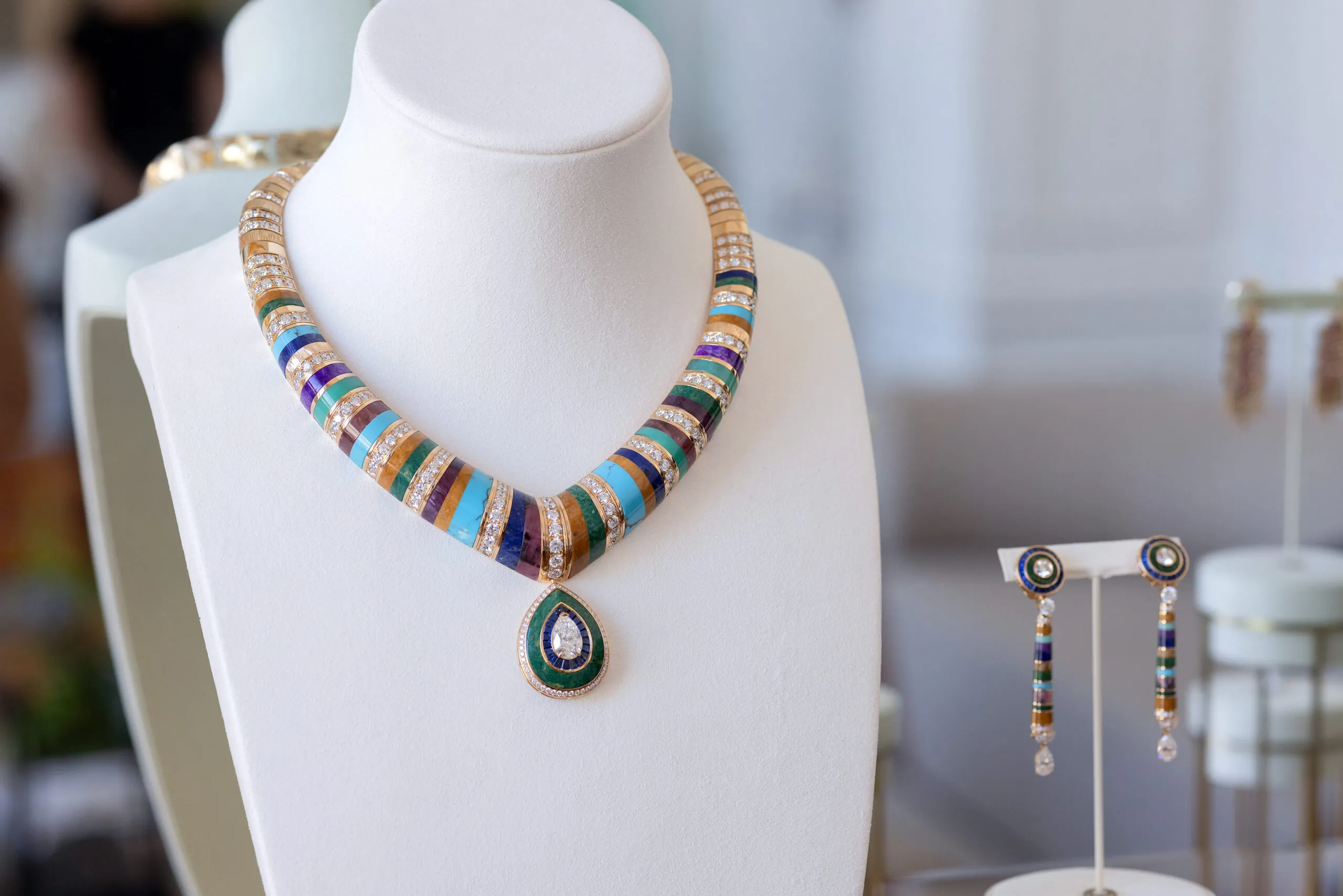 The Op Art-inspired collar from the Kaleidoscope Lights suite, striped with slices of jasper, turquoise, chrysoprase and rhodochrosite, alongside lesser-known sodalite, sugilite, ruby roots and rhodonite