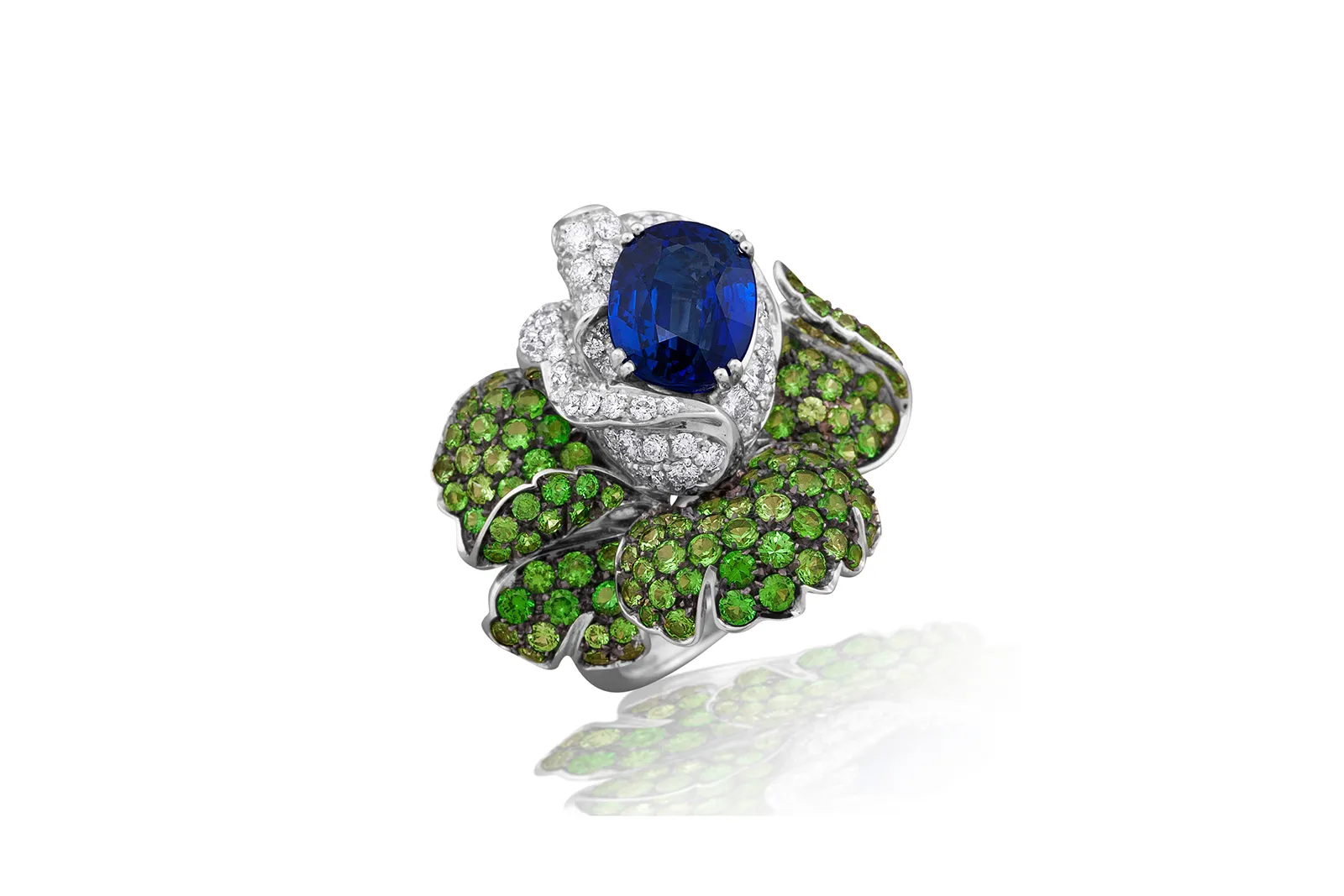 Picchiotti Fine Jewellery Rose ring with an oval-shaped Sri Lankan sapphire of 5.03 carats, 2.79 carats of tsavorites and 1.22 carats of diamonds set in 18k white gold 