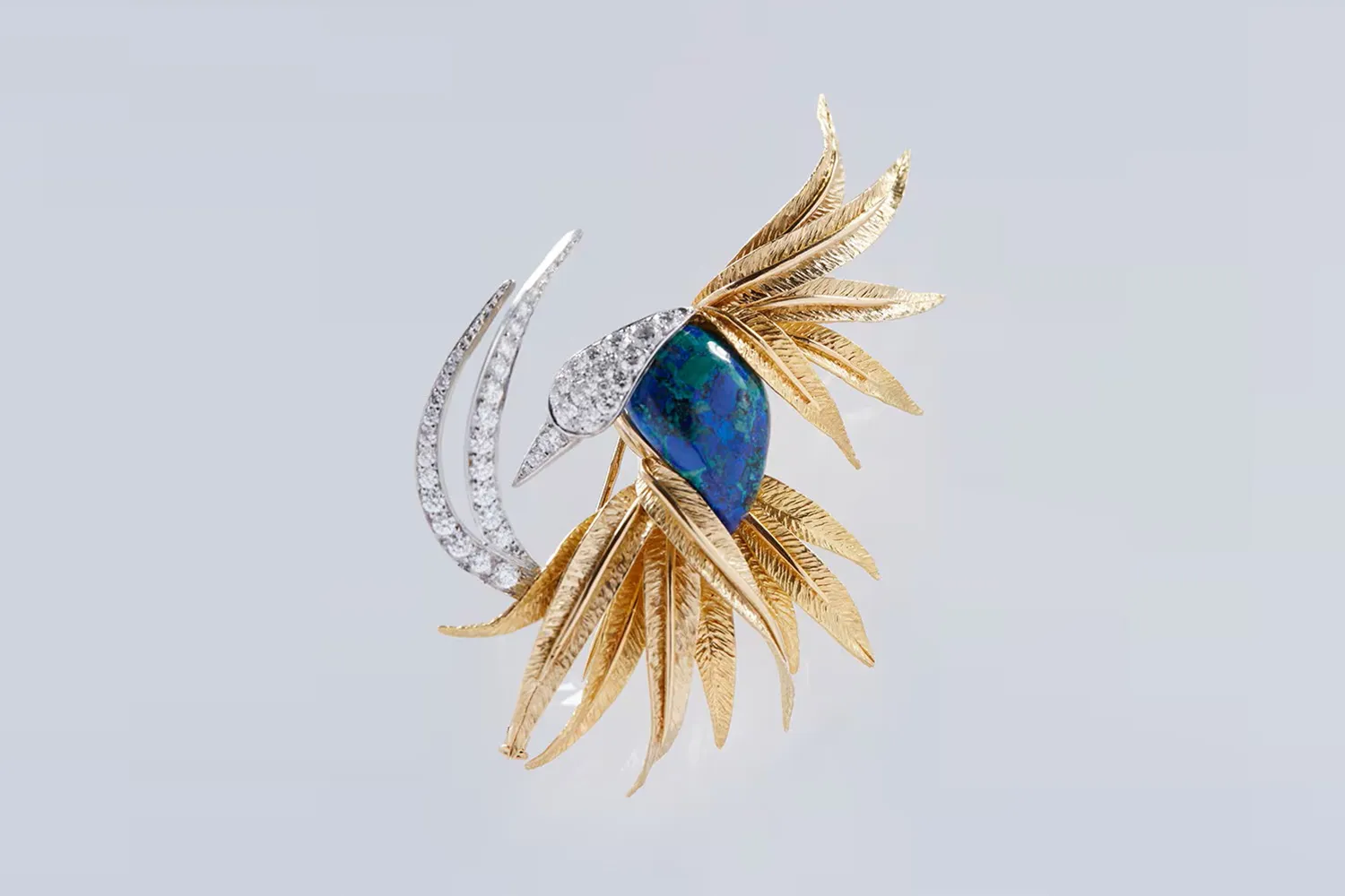 <p>Pierre Sterlé opal, diamond, yellow gold and platinum bird brooch, from a private collection</p>