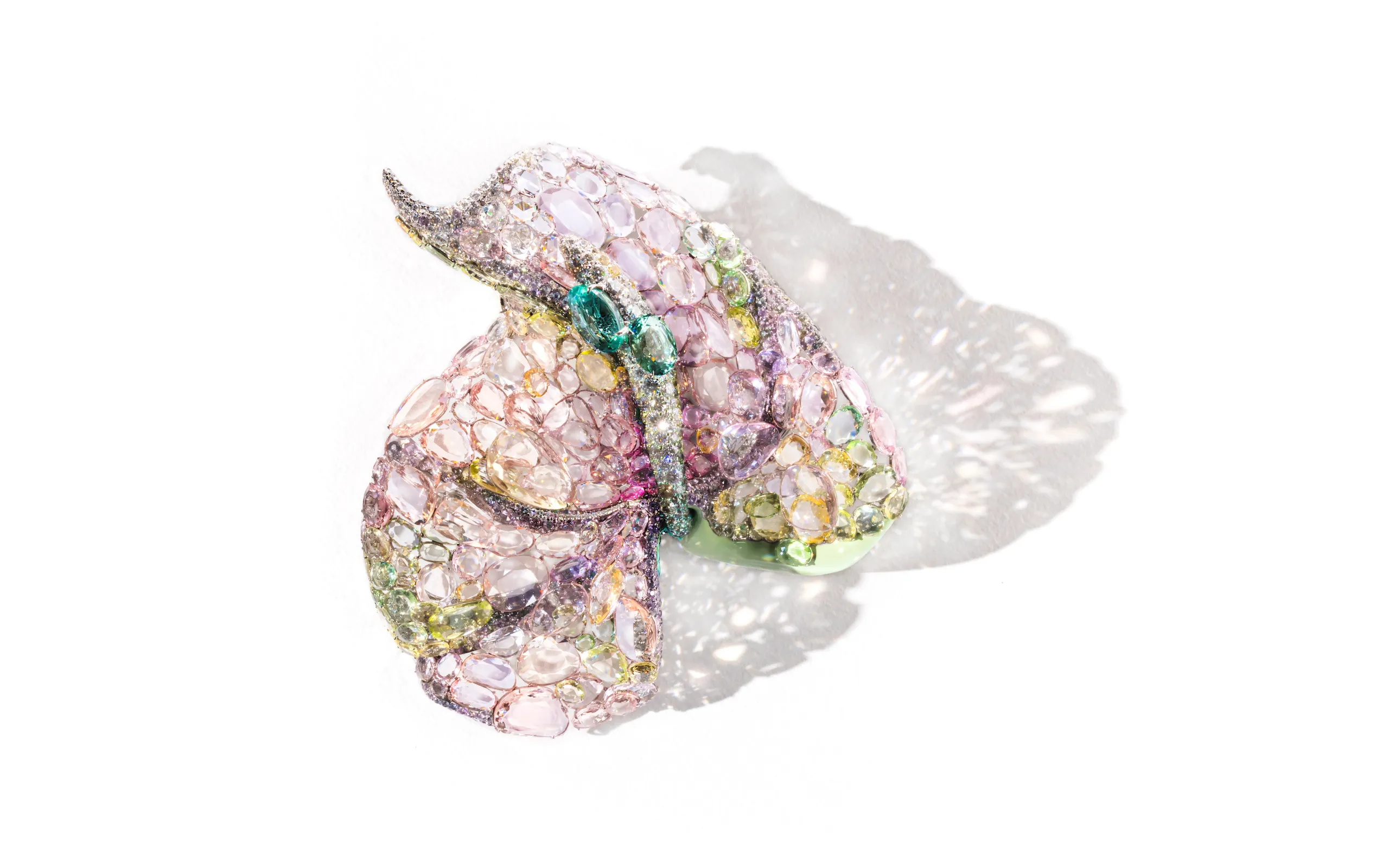 Feng J Pink Anthurium brooch with light green lacquer, tourmalines, morganites, tsavorites, chrysoberyls and quartz to be presented at TEFAF Maastricht 2025