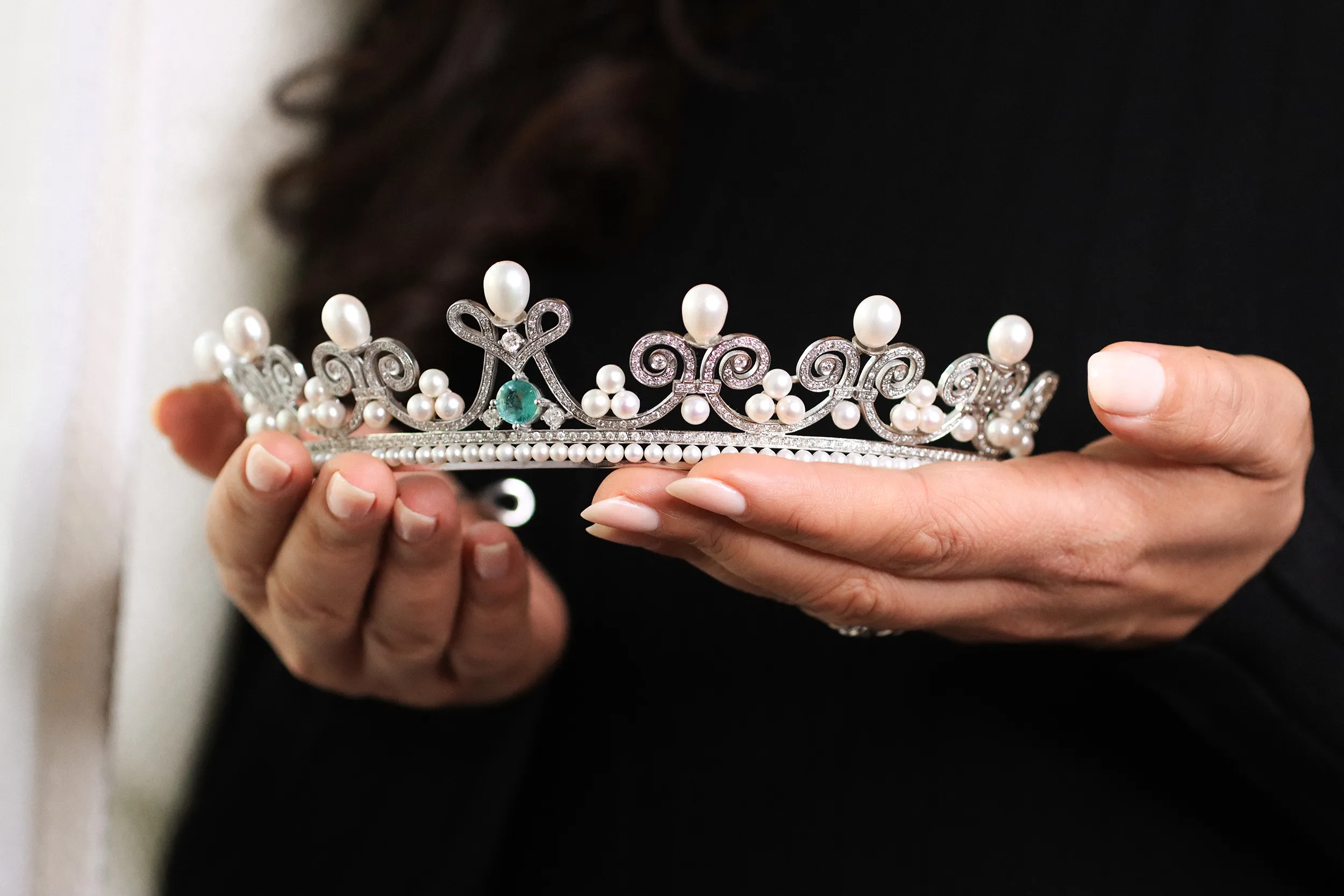<p>Her Royal Highness Princess Yasmine Murat, Princess of Pontecorvo, continued the historic tradition of French aristocrats wearing tiaras by commissioning this special piece for her wedding day, set with pearls, diamonds and a central emerald in white gold   </p>
