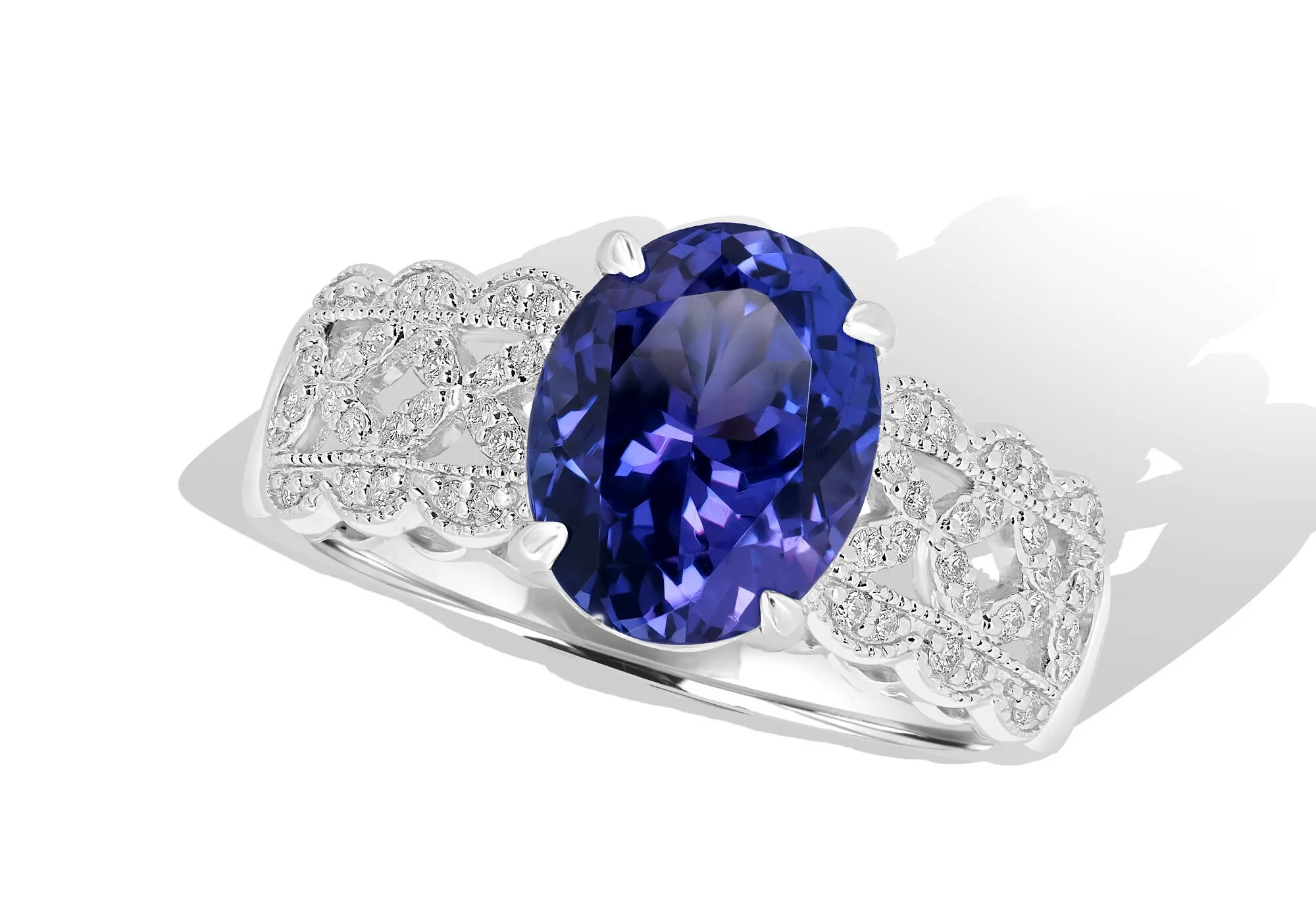 Royal Touch Group ring with an oval-shaped 3.165 carat tanzanite and diamonds set in 18k white gold 