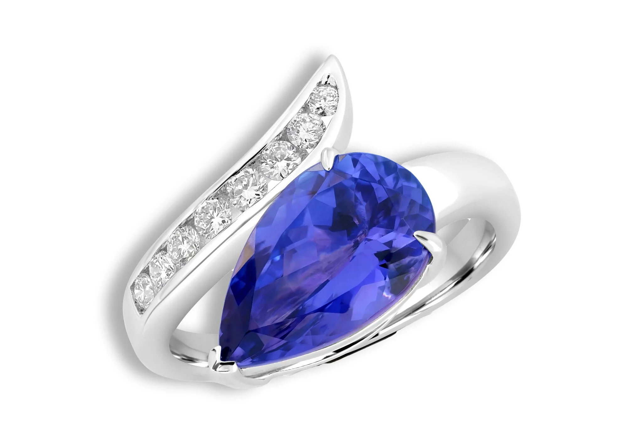 Royal Touch Group ring with a 3.76 carat pear-shaped tanzanite and diamonds in 18k white gold