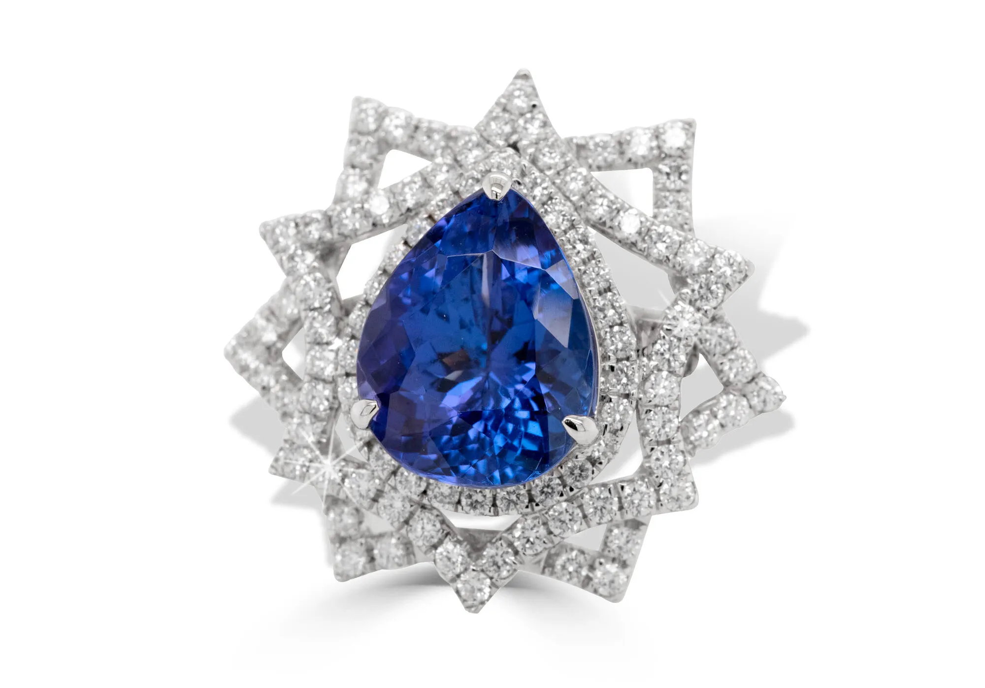 Royal Touch Group ring with a 5.52 carat pear-shaped tanzanite and 1.03 carats of diamonds set in 14k white gold