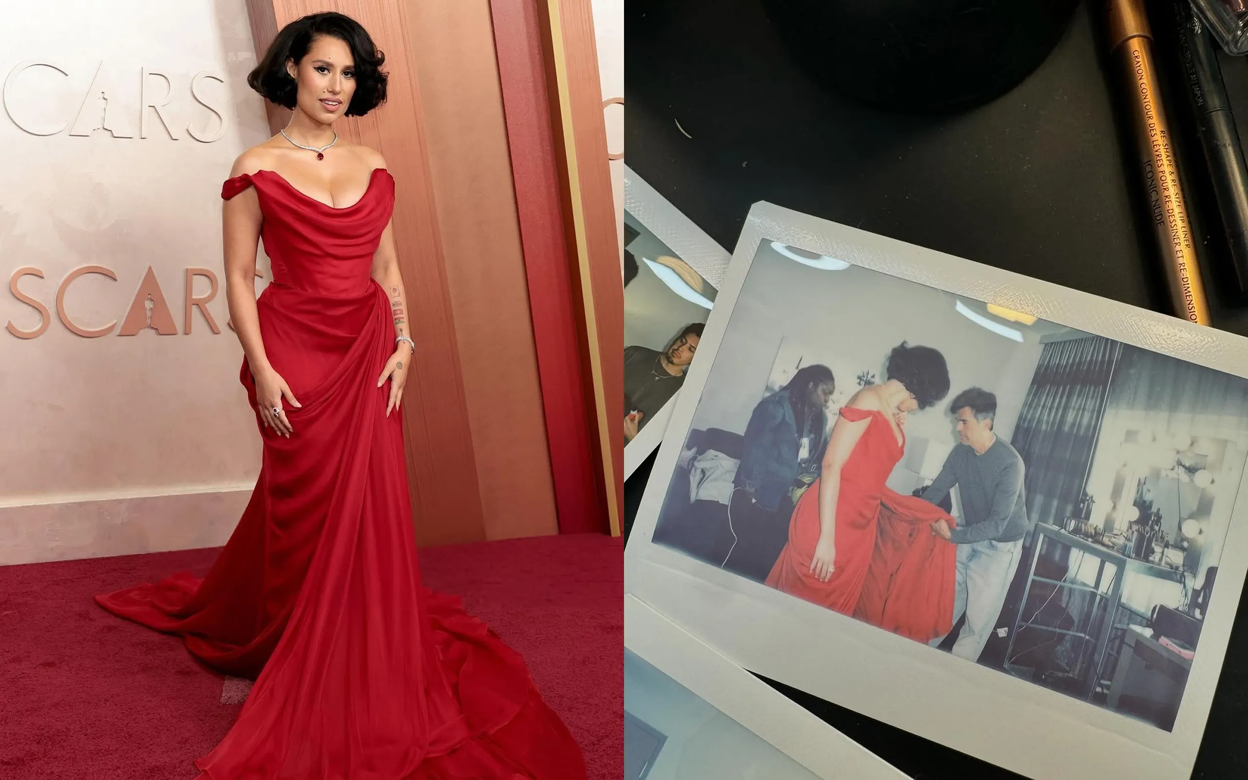 British singer Raye attends the 97th Annual Academy Awards wearing a diamond necklace with a pear-shaped ruby drop by Lorraine Schwartz