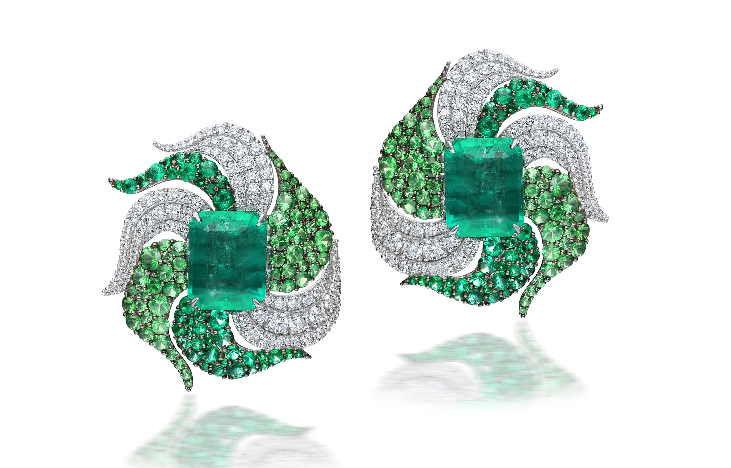 <p>Renu Oberoi Dual Wisp earrings with emeralds, tsavorites and diamonds</p>