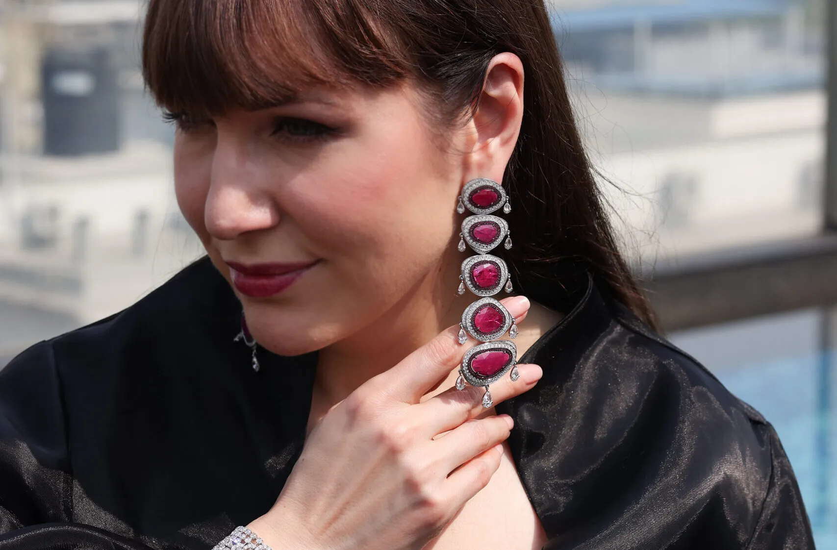 <p>Katerina Perez wears the Ruby Strata earrings by Mumbai-based jeweller Renu Oberoi set with 34.15 carats of flat-cut Mozambique rubies surrounded by 11 carats of diamonds in 18k gold</p>