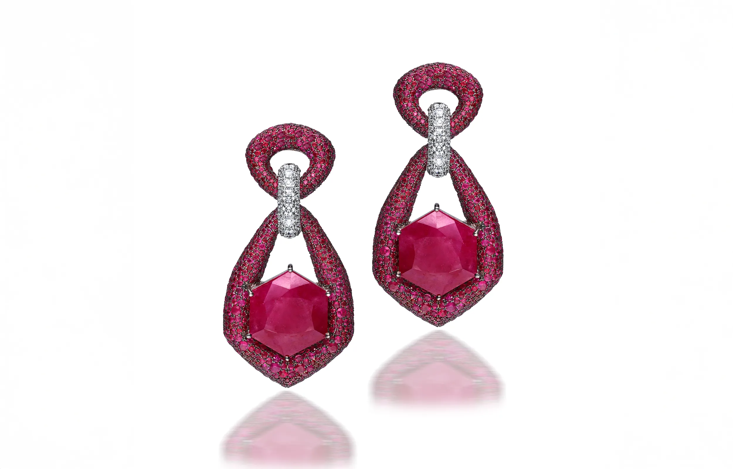 <p>A pair of ruby and diamond earrings by Renu Oberoi</p>