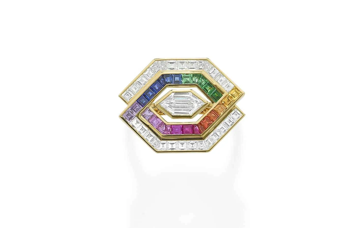 Robinson Pelham Entwined Rainbow ring with a central double bullet-shaped diamond of 0.48 carats, plus further diamonds, rainbow sapphires and tsavorites in 18k yellow gold