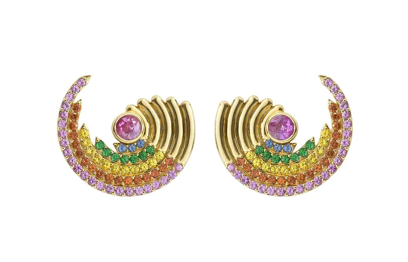 Robinson Pelham Zouk Large Rainbow earrings set with rainbow sapphires and tsavorites in 18k yellow gold