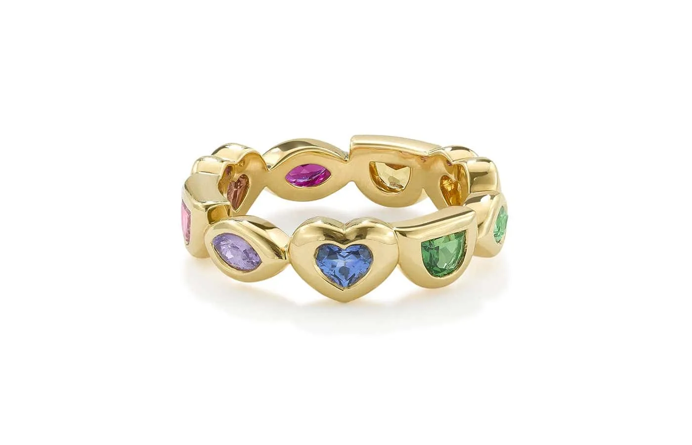 Robinson Pelham Small Rainbow Eye Love U Eternity ring in 18k yellow gold set with 1.60 carats of rainbow sapphires and tsavorites