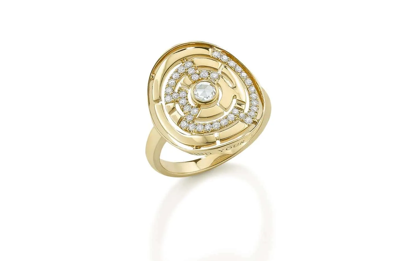 Robinson Pelham Labyrinth Round ring with a diamonds maze and rose cut diamond centre stone (0.43ct) in 14k yellow gold