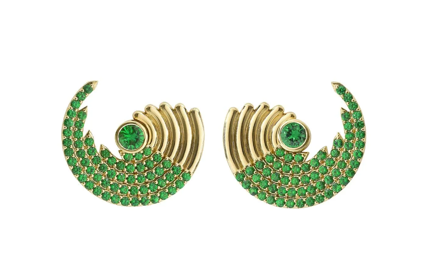 Robinson Pelham Zouk Large Tsavorite earrings set with 3.50 carats of tsavorite in 18k yellow gold