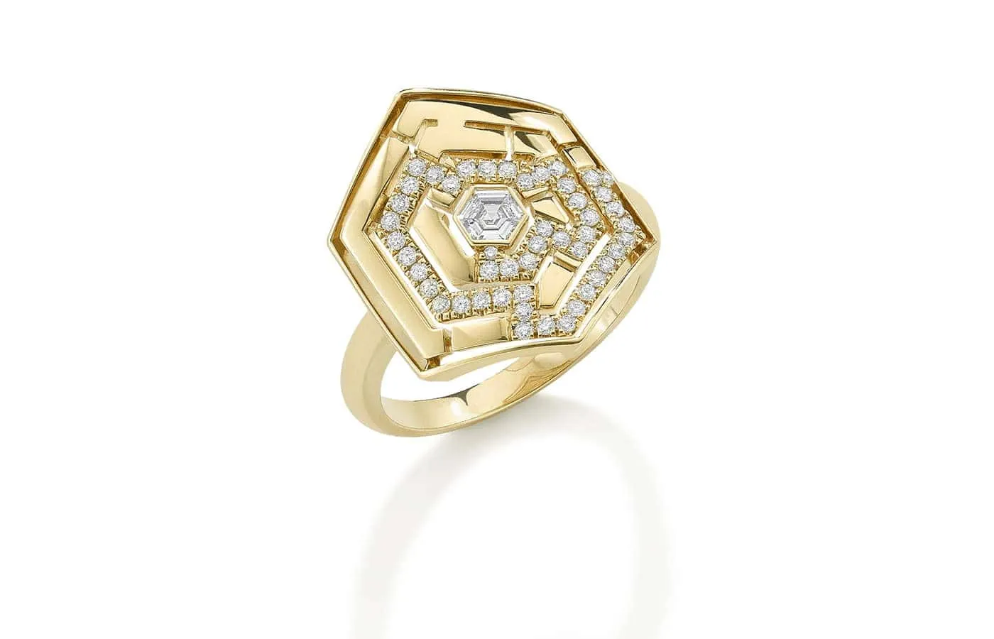 Robinson Pelham Hexagon Labyrinth ring with a diamonds maze and hexagonal diamond centre stone (0.61ct) in 14k yellow gold