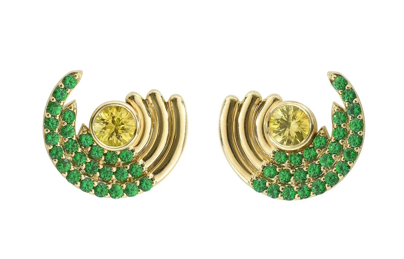 Robinson Pelham Zouk Small Tsavorite earrings set with 1.50 carats of tsavorite in 18k yellow gold