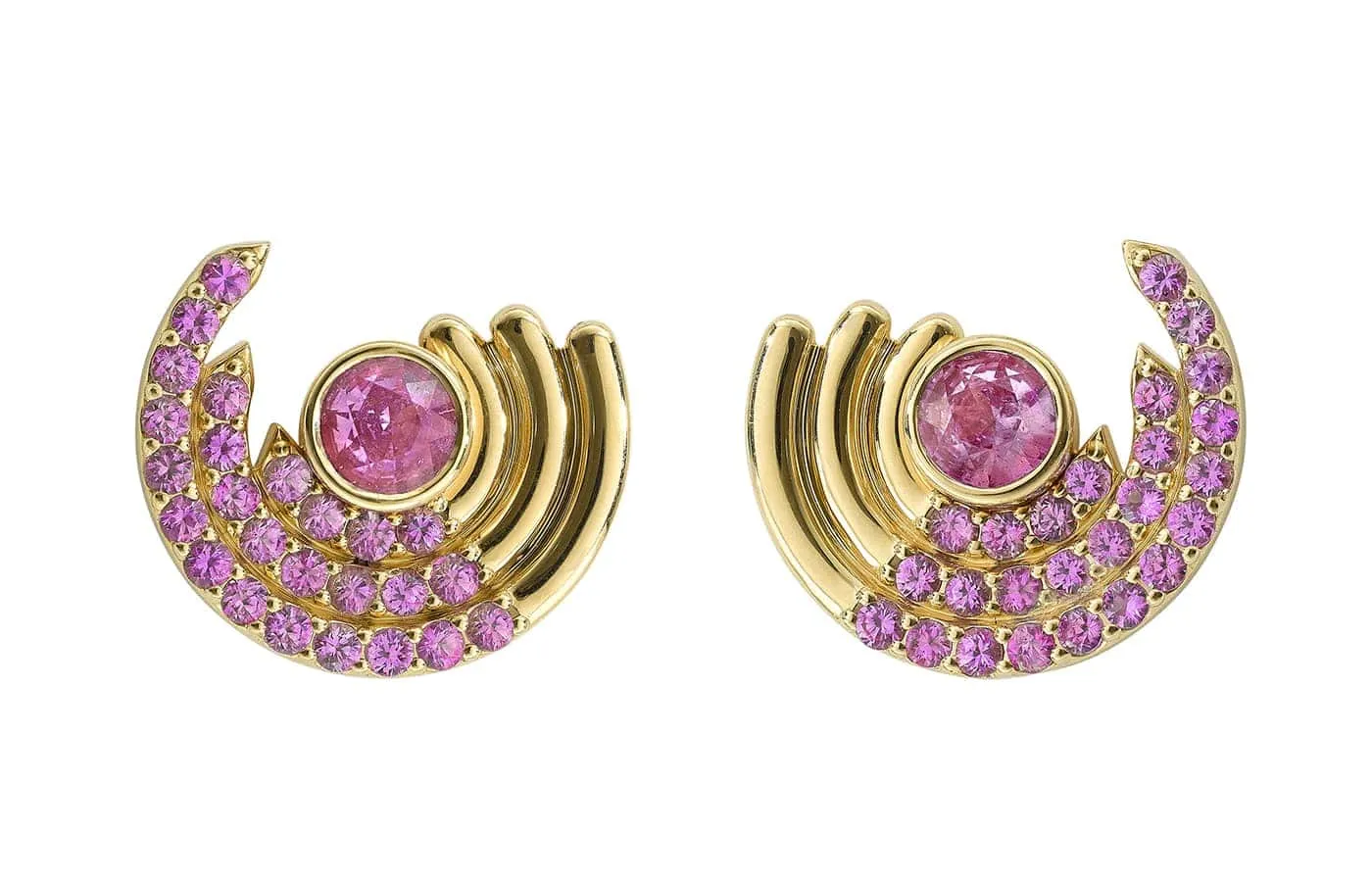 Robinson Pelham Zouk Large Pink Sapphire earrings set with 3.50 carats of pink sapphires in 18k yellow gold