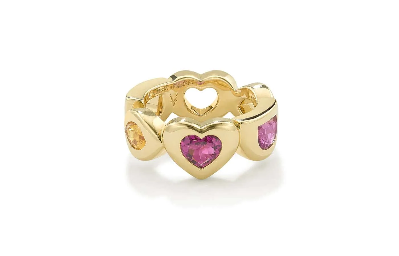 Robinson Pelham Medium Rainbow Eye Love U ring in 18k yellow gold set with 0.70 carats of orange sapphire and 1.40 carats of rubellites