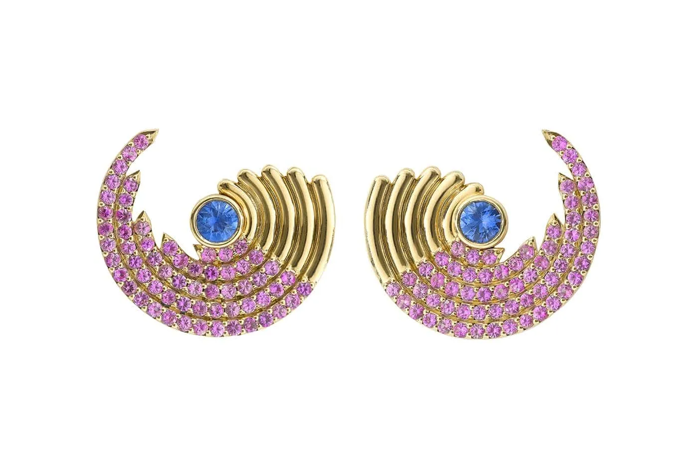 Robinson Pelham Zouk Small Pink Sapphire earrings set with 1.50 carats of pink sapphires in 18k yellow gold