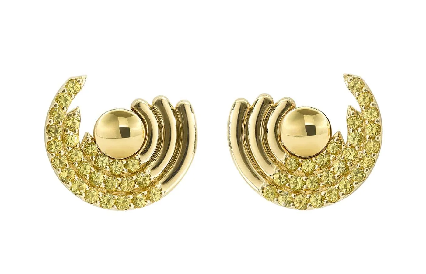 Robinson Pelham Zouk Small Yellow Sapphire earrings set with 1.50 carats of yellow sapphires in 18k yellow gold