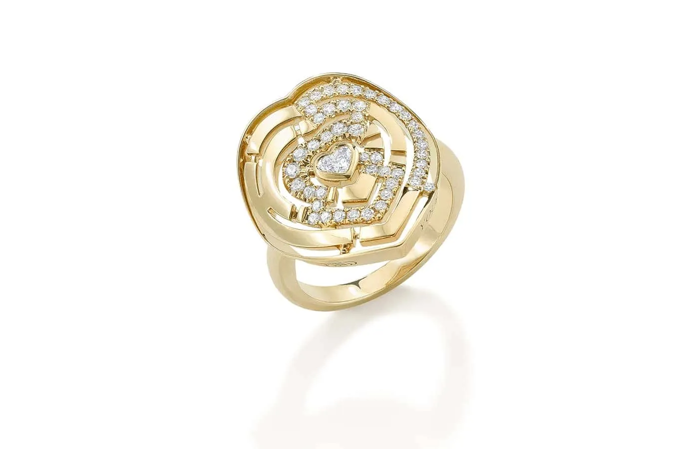 Robinson Pelham Heart Labyrinth ring with a diamonds maze and heart shaped diamond centre stone (0.56ct) in 14k yellow gold