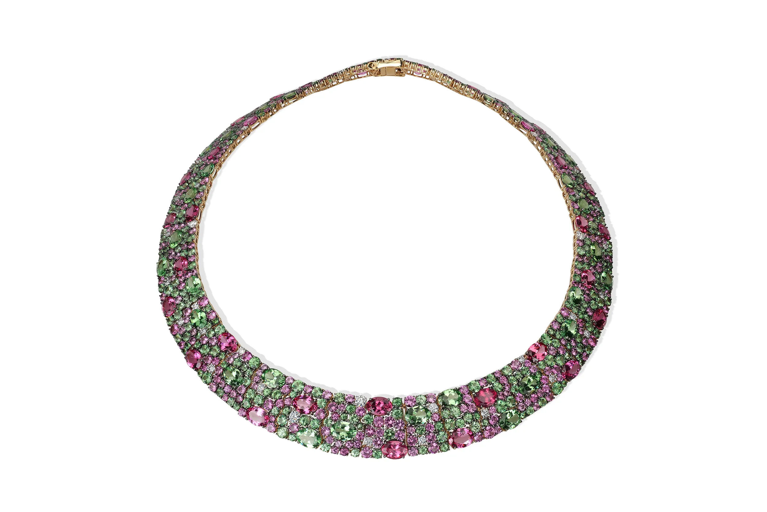 <p>Royal Touch necklace from the Mosaic collection, set with 42.09 carats of Tanzanian pink spinel, 44.03 carats of mint green tsavorite garnet from Kenya, and 1.76 carats of diamonds</p>
