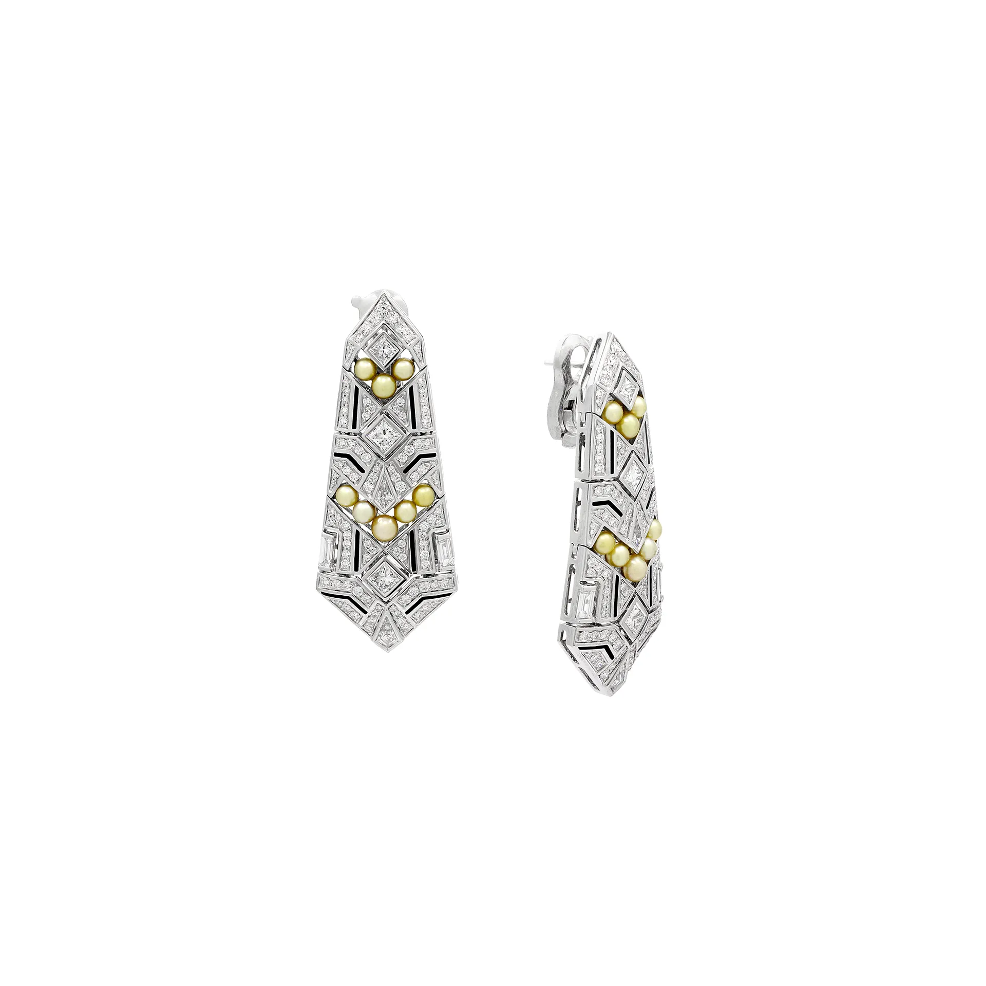 Al Zain Arab Deco earrings with natural pearls, fancy-cut diamonds, and round brilliant-cut diamonds set in white gold 
