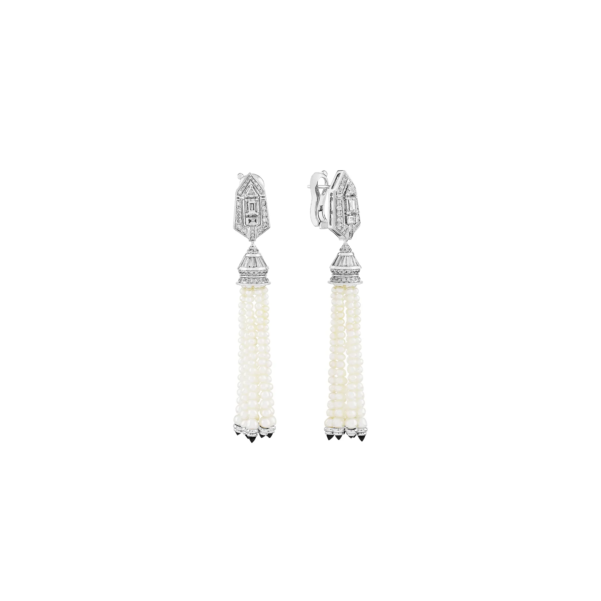 Al Zain Arab Deco earrings with natural pearl tassels tipped with onyx, fancy-cut diamonds and round brilliant-cut diamonds in white gold  