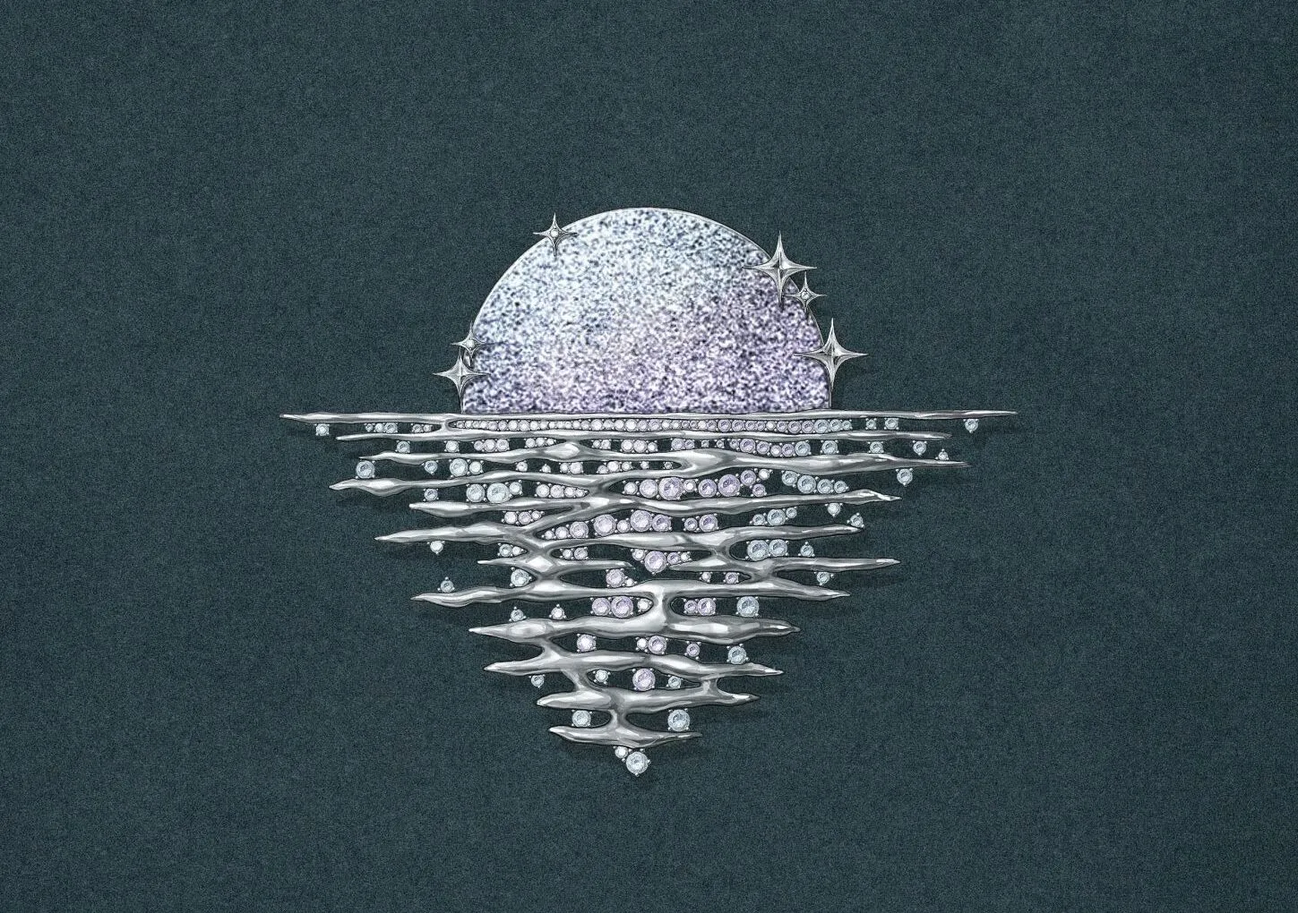 Bernadette Yodia’s Serenade of the Moon brooch design, awarded first place, features a luminous moon in osmium, accented with diamonds and sapphires