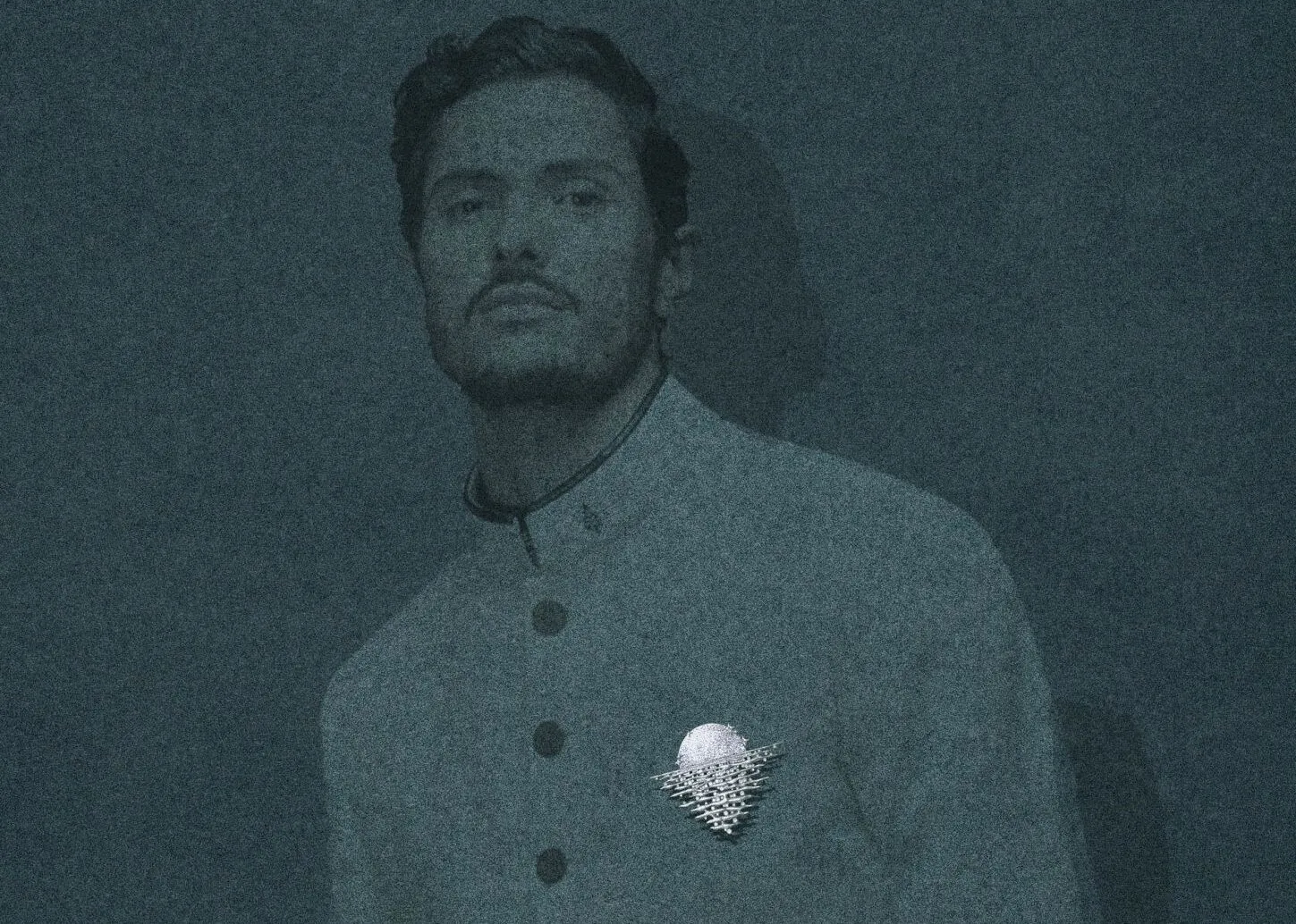 Bernadette Yodia’s Serenade of the Moon brooch, featuring a luminous osmium moon with diamond and sapphire accents, depicted in a sketch of a man wearing it