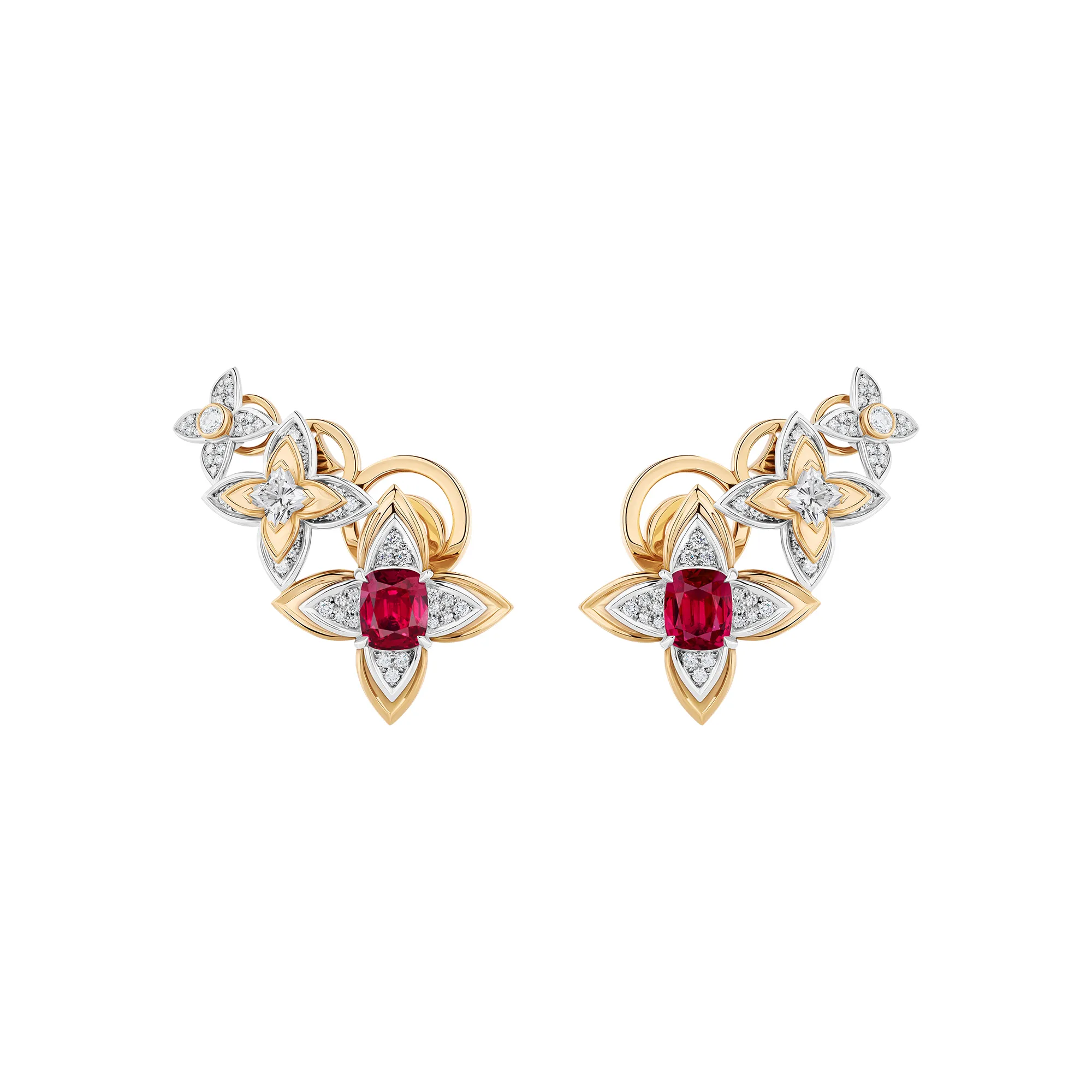Louis Vuitton Splendeur earrings in yellow gold and platinum with Mozambican rubies and diamonds from Chapter II of the Awakened Hands, Awakened Minds High Jewellery collection