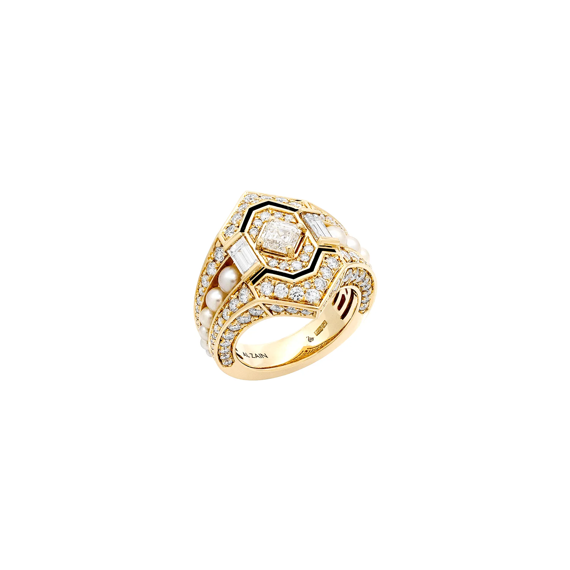 Al Zain Arab Deco ring with fancy-cut diamonds, round brilliant-cut diamonds and pearls in 18k yellow gold 
