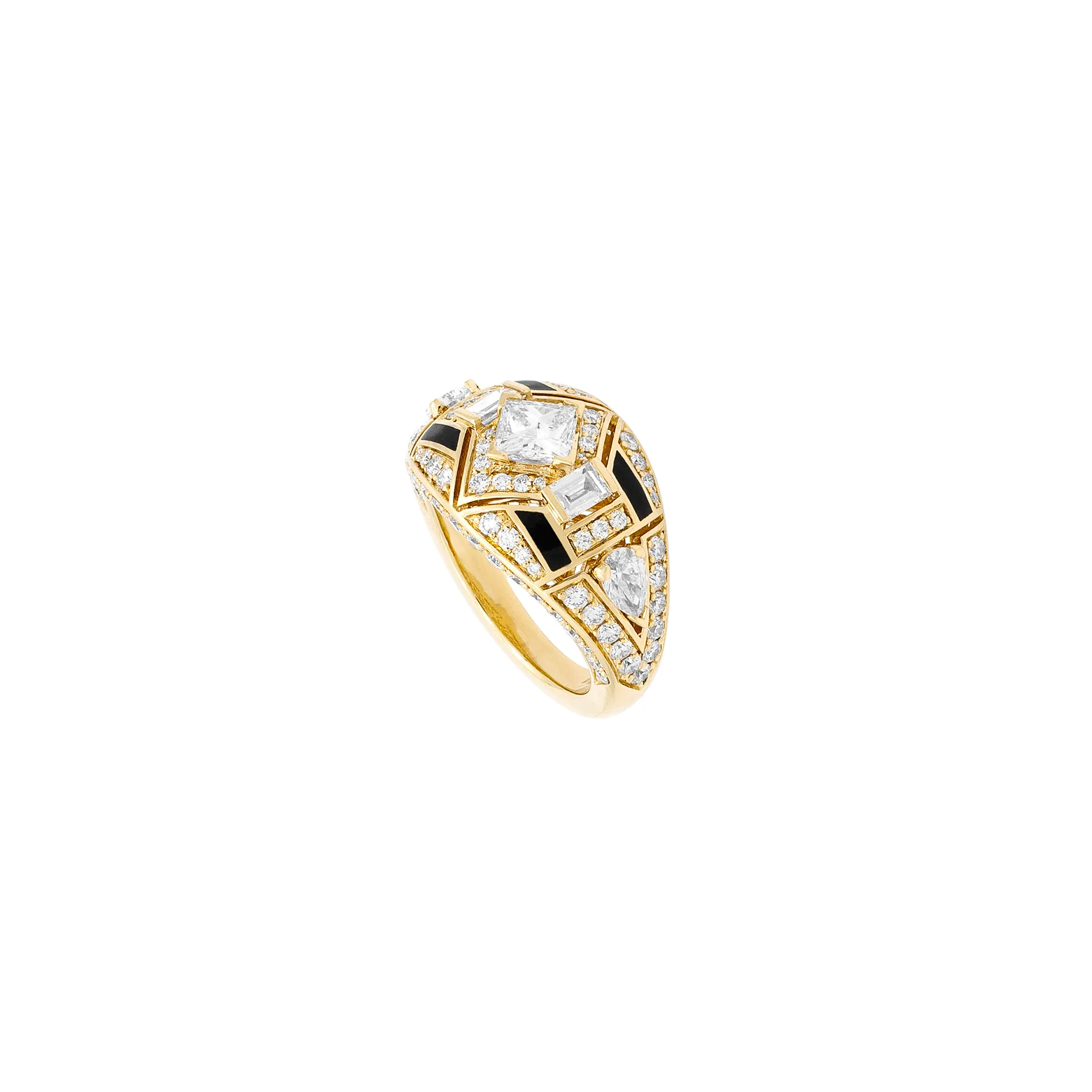 Al Zain Arab Deco ring with fancy-cut diamonds and round brilliant-cut diamonds in 18k yellow gold 