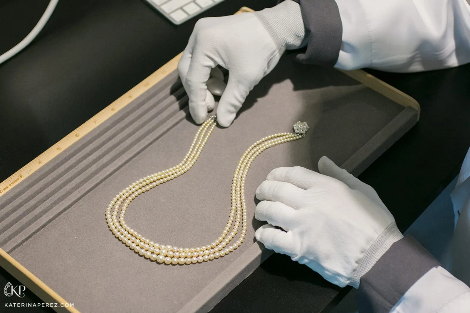 <p>A saltwater pearl string ready to be tested at DANAT Institute</p>
