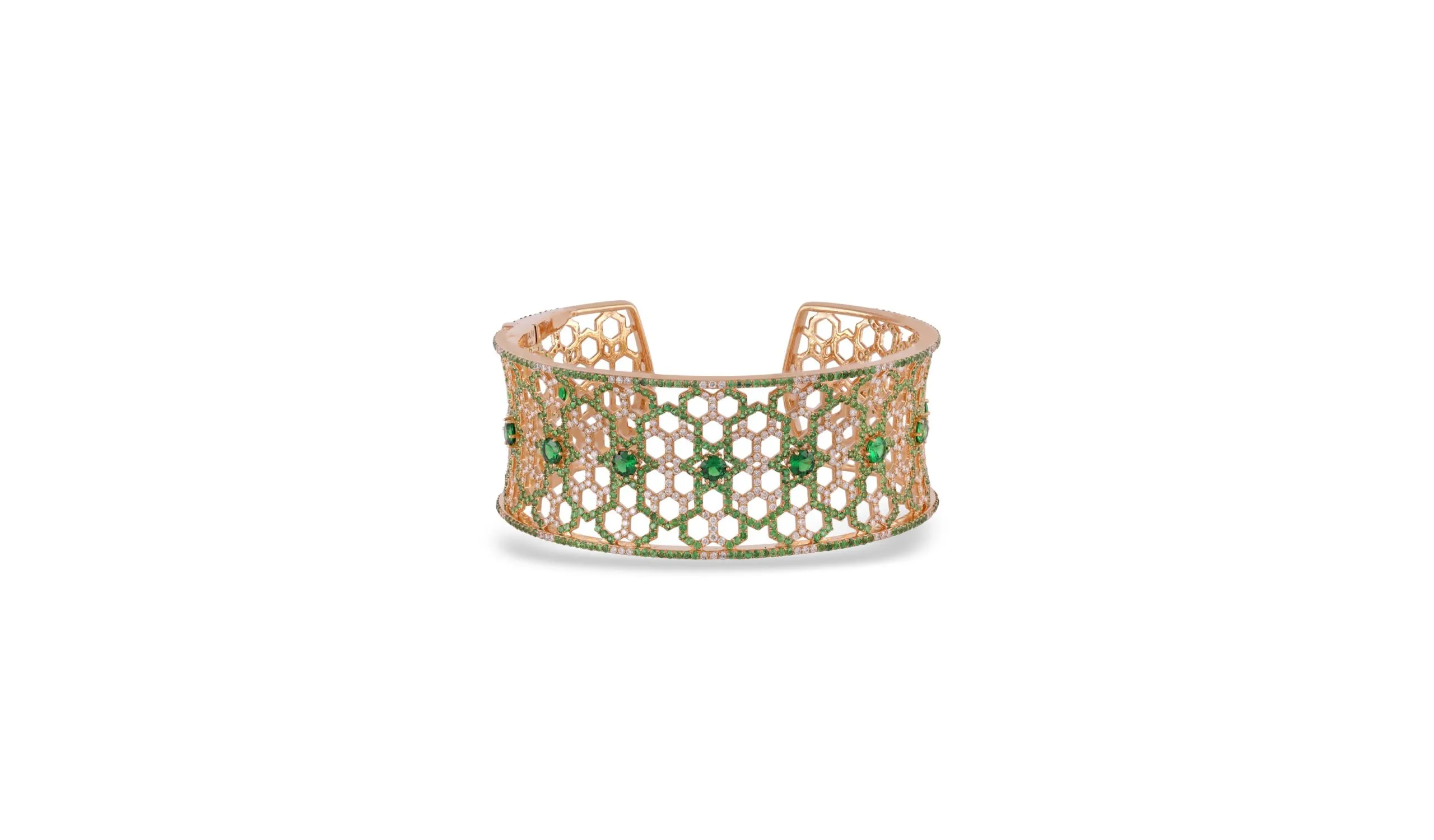 Gyan Jaipur Sarai cuff bracelet with tsavorites and diamonds in18k yellow gold
