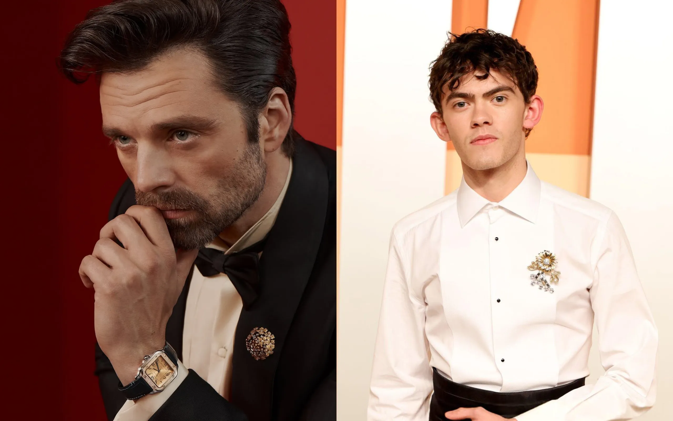 Men’s jewellery looks at the 97th Annual Academy Awards and Vanity Fair Oscars After Party courtesy of Sebastian Stan in Cartier (left) and Joe Locke in a floral brooch with diamonds in yellow gold 