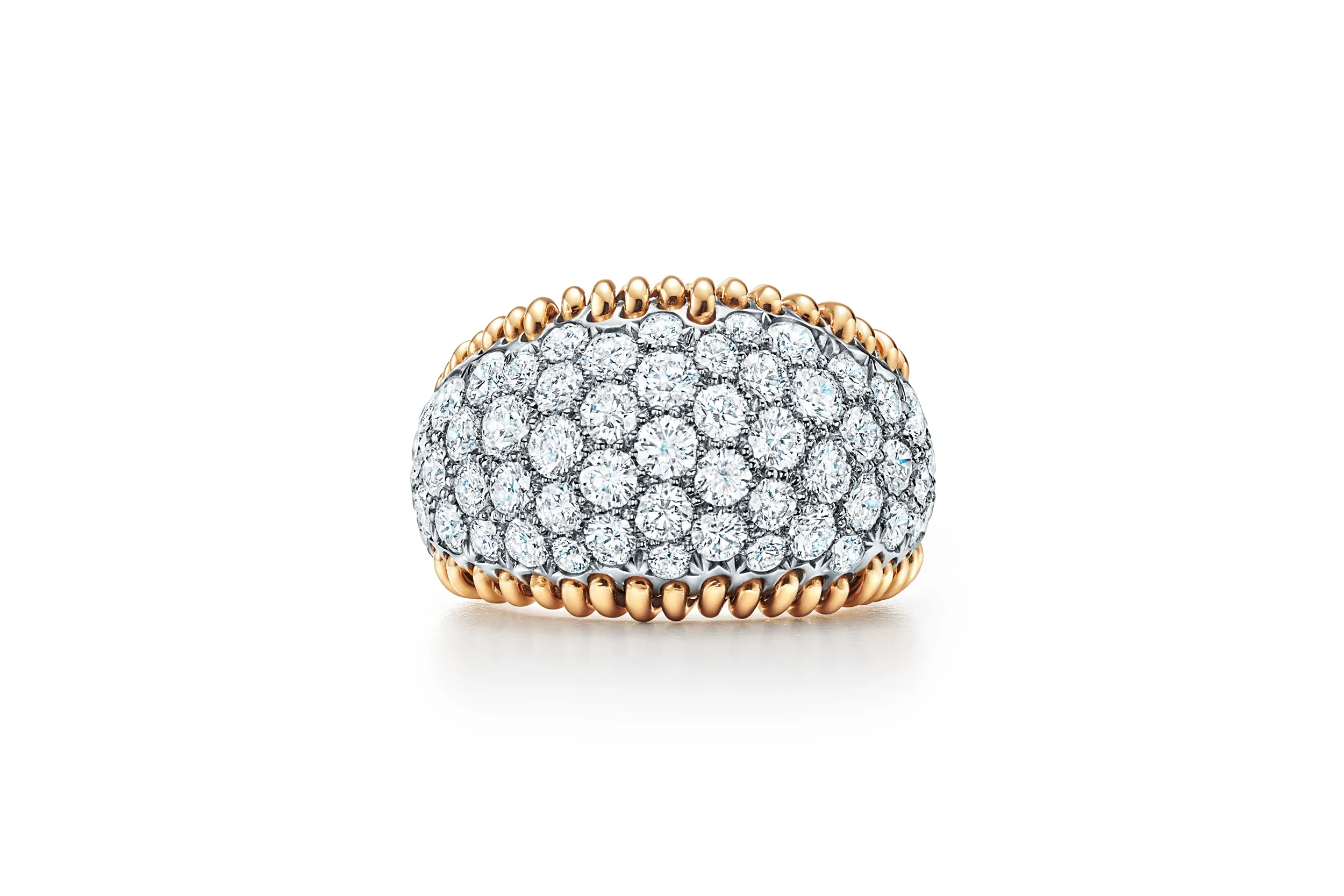 <p>The Tiffany &amp; Co. Schlumberger® Stitches ring with diamonds in 18k yellow gold and platinum worn by Selena Gomez at the 2025 Emmy Awards</p>
