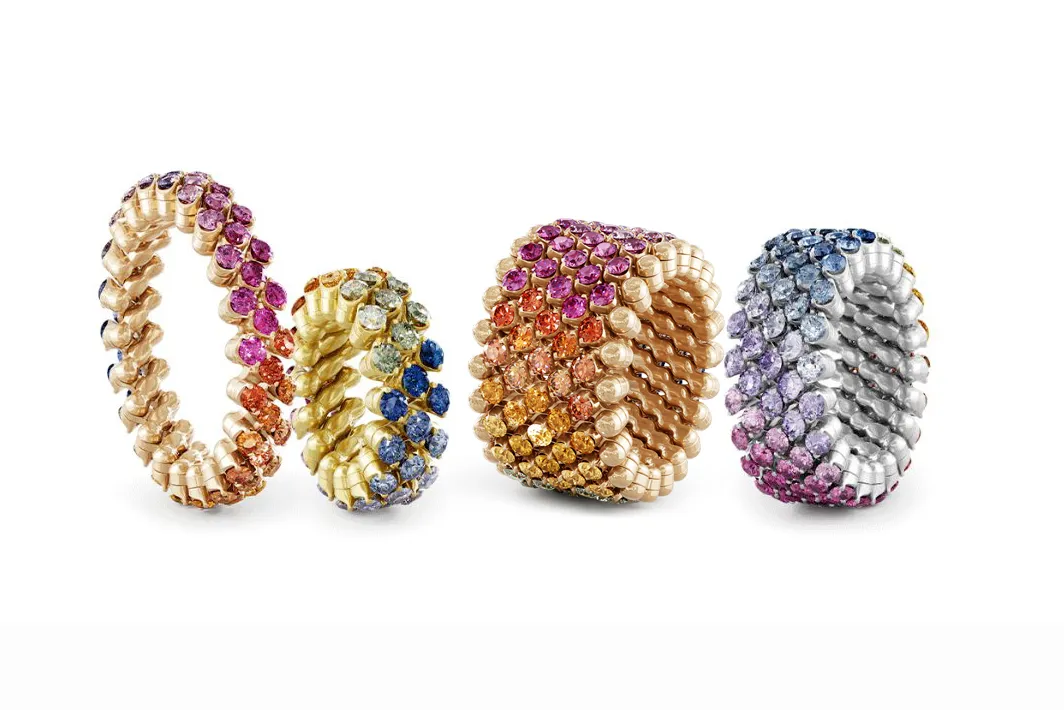 Serafino Consoli Special Match Rainbow rings with gradients of multi-coloured sapphires set in 18k white, yellow and rose gold 