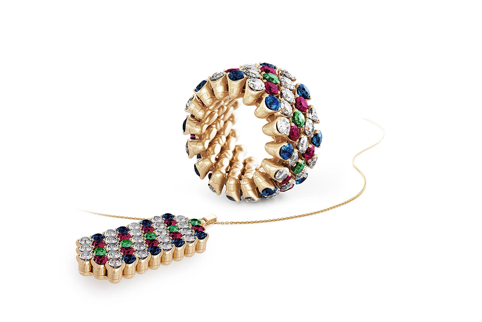 Serafino Consoli Special Match Multicolor ring and matching pendant with rubies, sapphires, emeralds and diamonds in 18k gold 