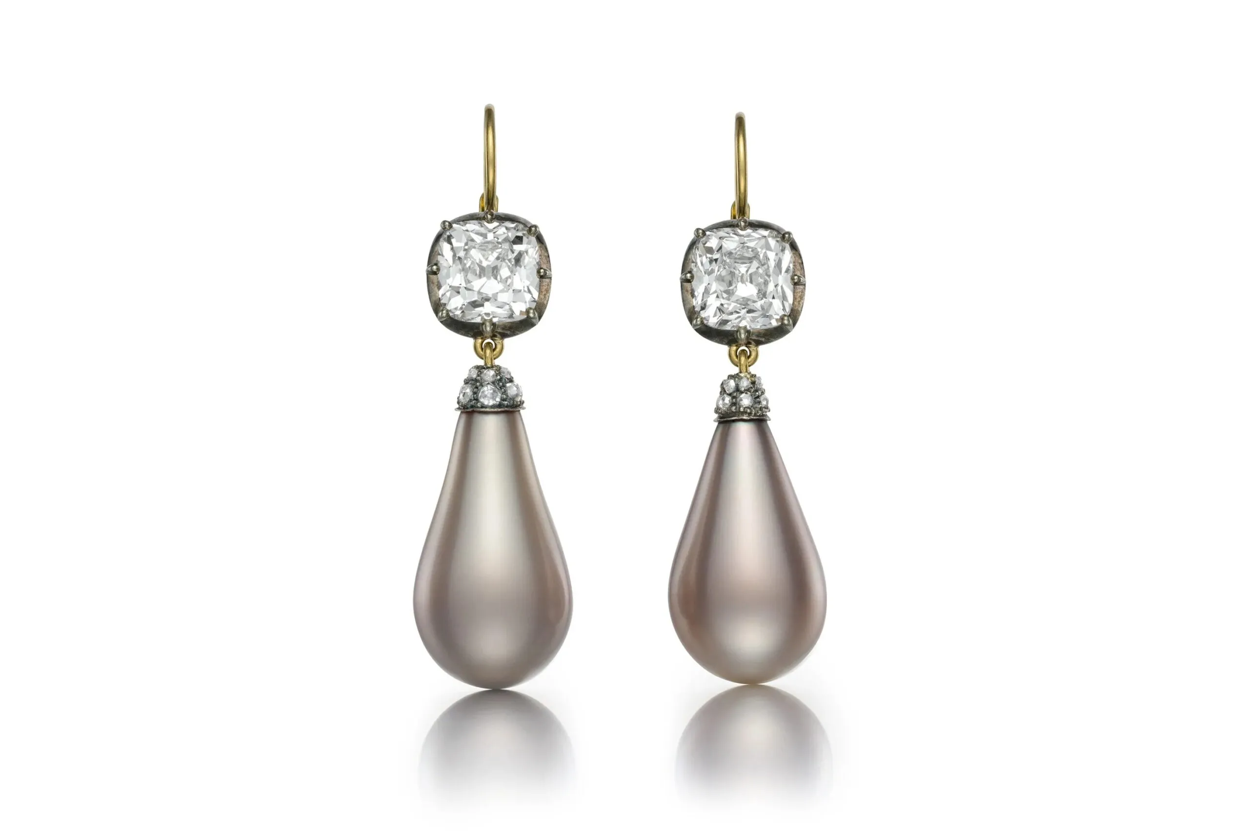<p>Siegelson drop earrings with 2 gray natural drop pearls and 2 old mine brilliant diamonds, each weighing 3.01 carats</p>
