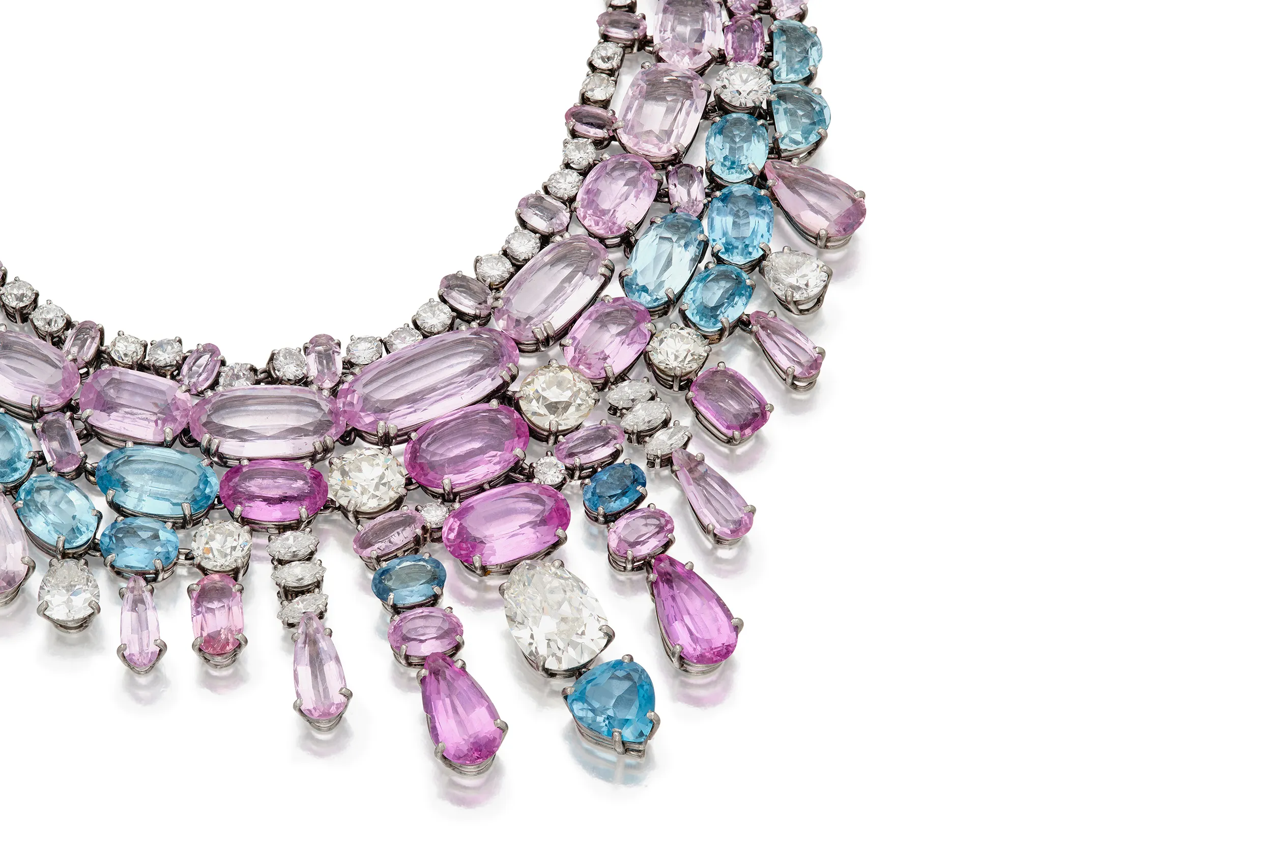 <p>Close-up view of Suzanne Belperron bib necklace with pink topaz, morganite, aquamarine, and diamonds</p>
