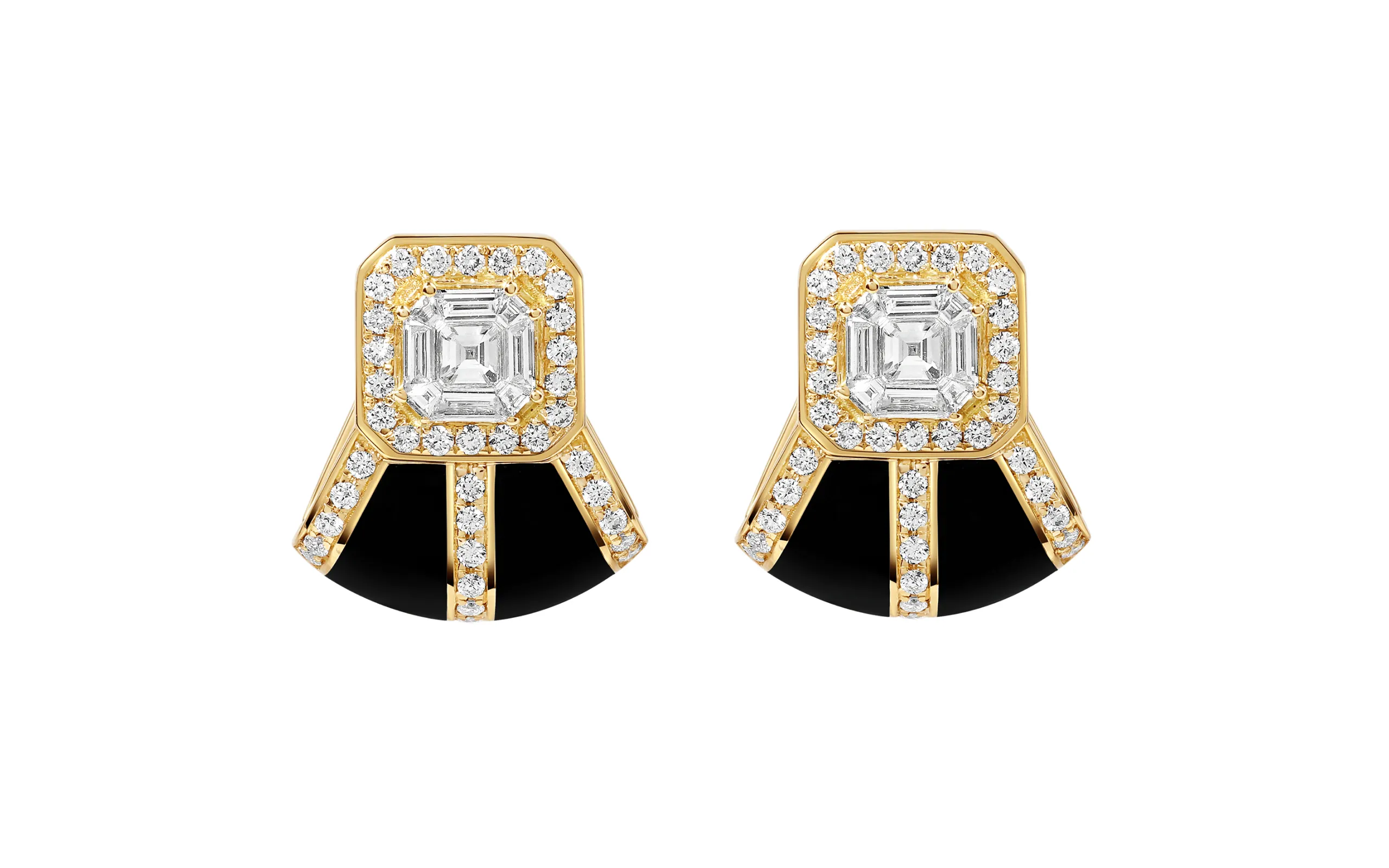 State Property Voyager Tinné earrings with precision-cut Asscher-shaped diamonds, further diamonds and black enamel in 18k gold 