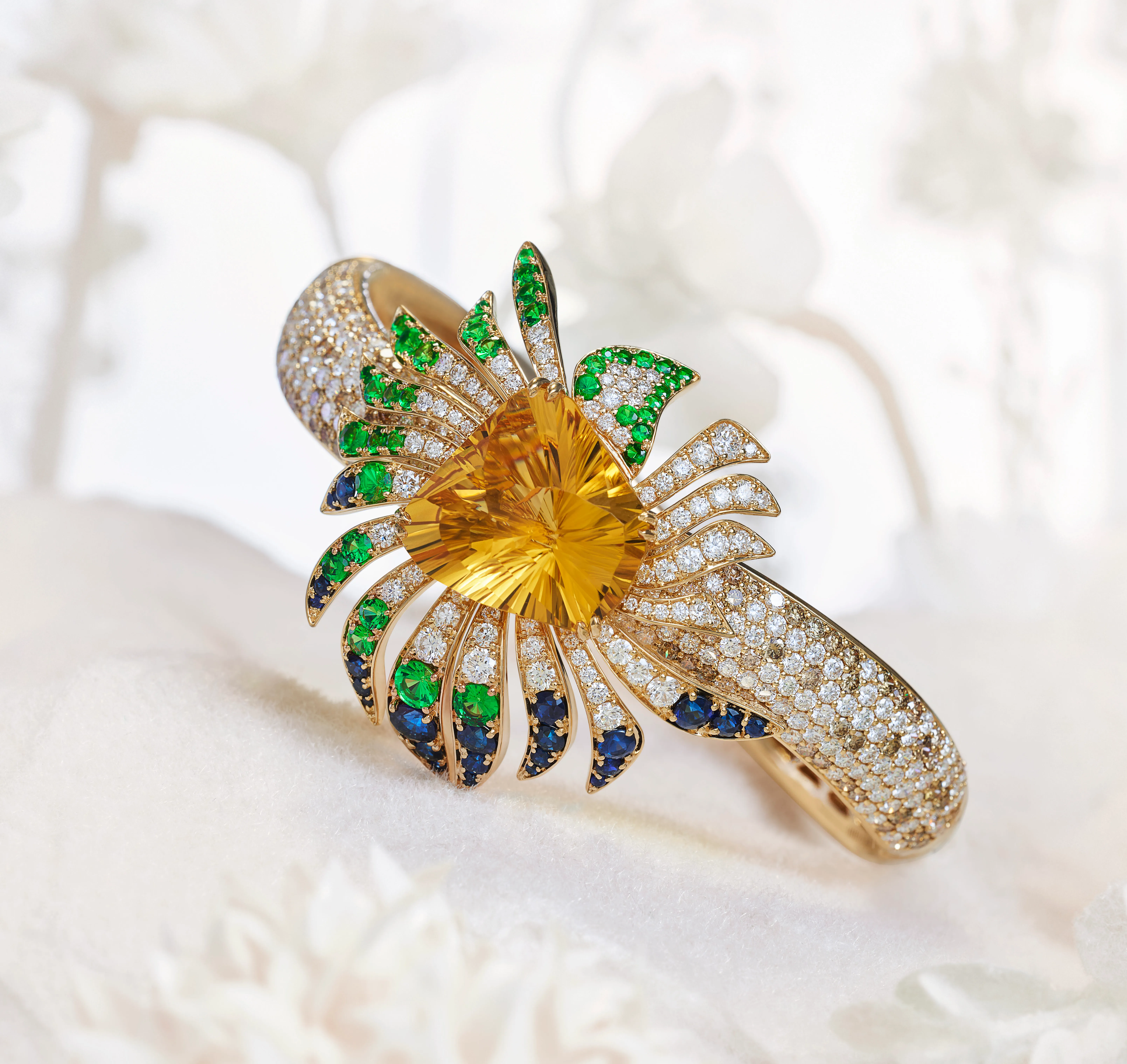 Zoya ‘Sunshine and Rainbow’ bracelet from the Alive collection with a custom-cut citrine, diamonds, blue sapphires and tsavorites 