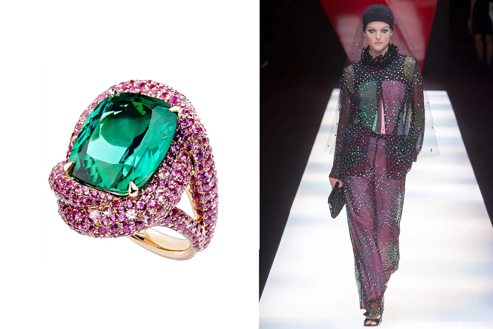 <p>Suzanne Syz &#8216;Unique Green Lady&#8217; ring and Giorgio Armani</p>
