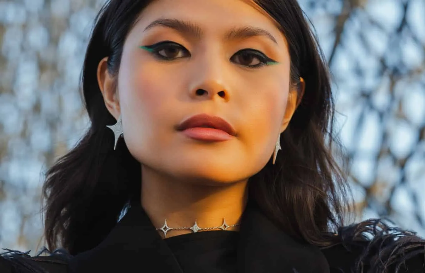 A model wears the Signature Sparkle diamond earrings and choker necklace by TOi