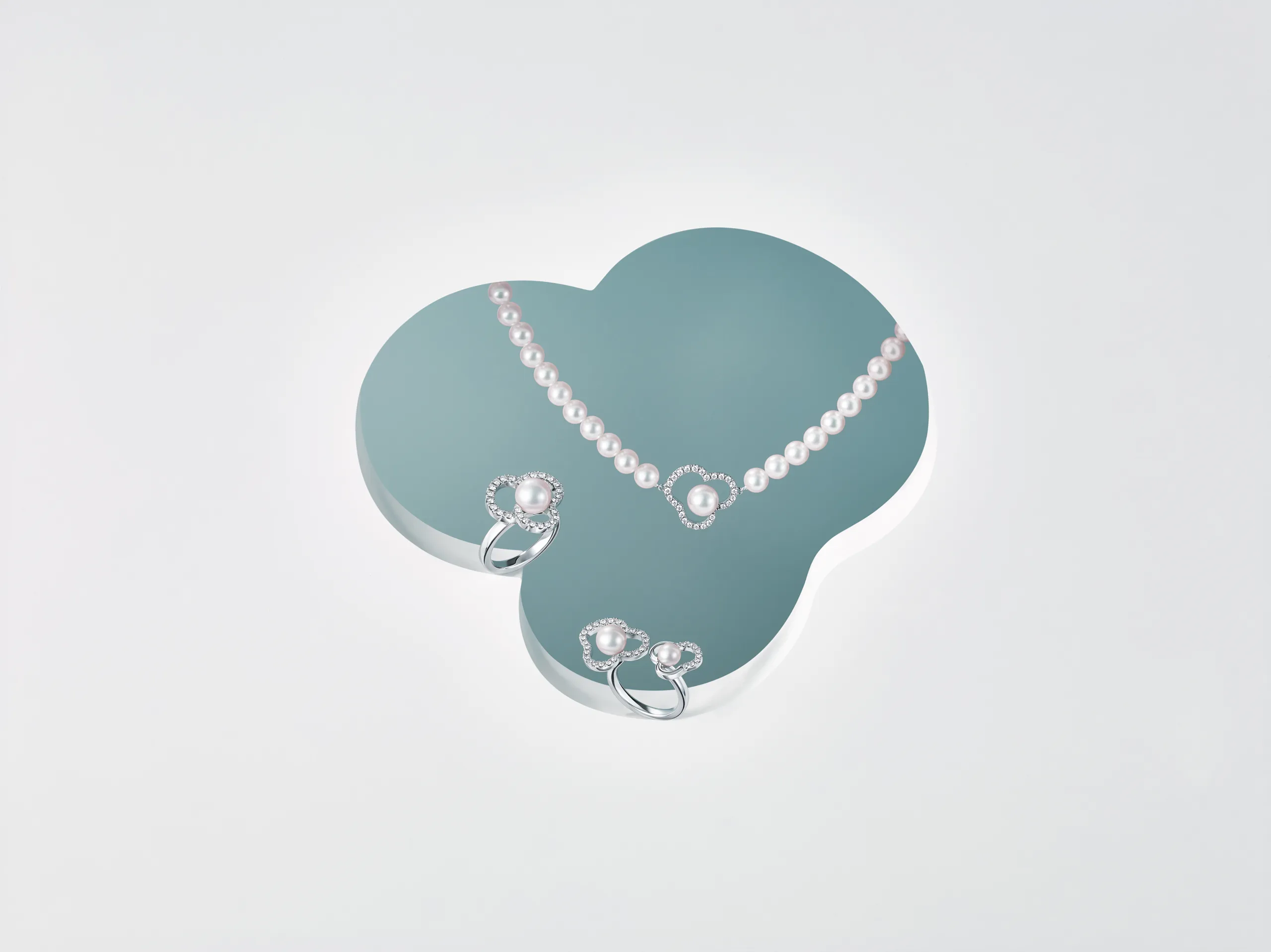 Tasaki Chants signature diamond pave necklace and ring, along with the Chants duo diamond pavé ring, all crafted in white gold and set with Akoya pearls