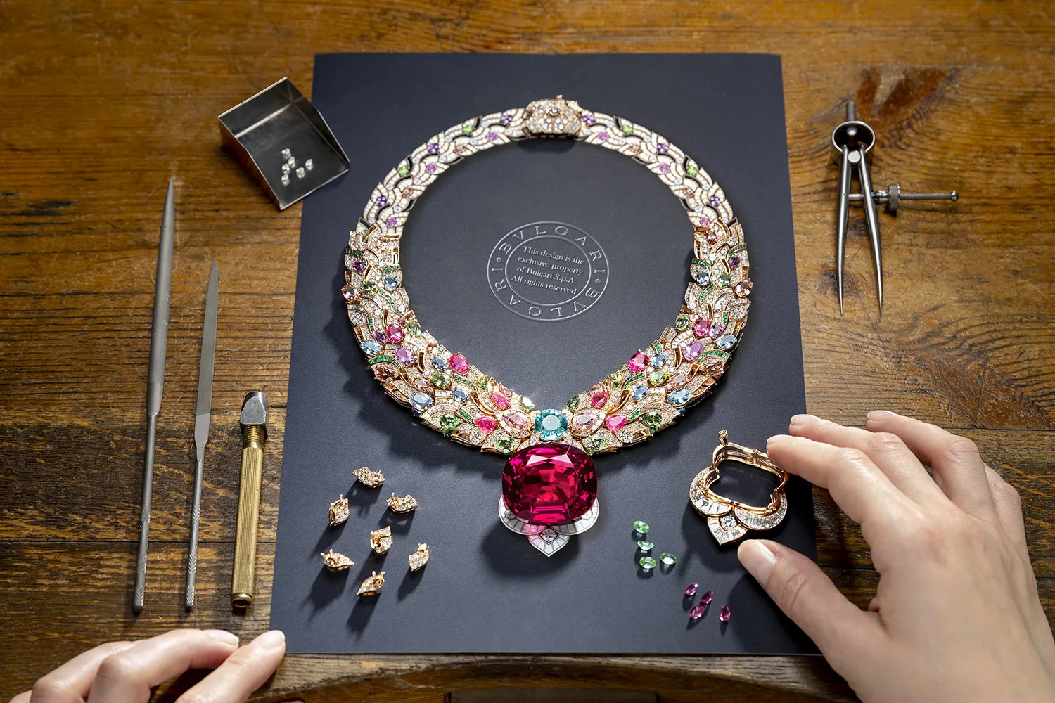 Bvlgari Celestial Mosaic necklace with a 131.21-carat spinel surrounded by turquoise tourmalines, emeralds, onyx and diamonds, from the Polychroma High Jewellery collection